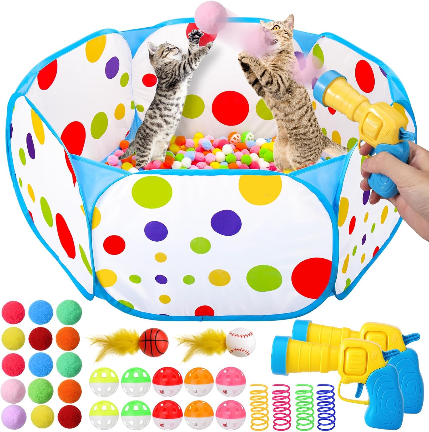 AIERSA Cat Ball Pit for Indoor Cats,Interactive Toy Included 200 Pom Pom Balls and Launcher&Springs&Jingle Balls&Feather Spring Ball,Cats Self Play Enrichment Stimulation Toys for Bored Cat Launcher with ball pit