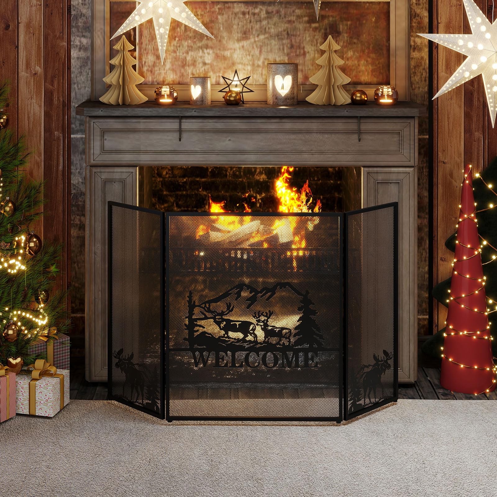 GOPLUS Pare Feu Cheminée Pliable 3 Panneaux en Fer, Écran de Cheminée Pare-Étincelles Pliable pour Décoration de Salon, Grille de Protection pour Cheminée Autoportante (Bienvenu, 132x79CM)