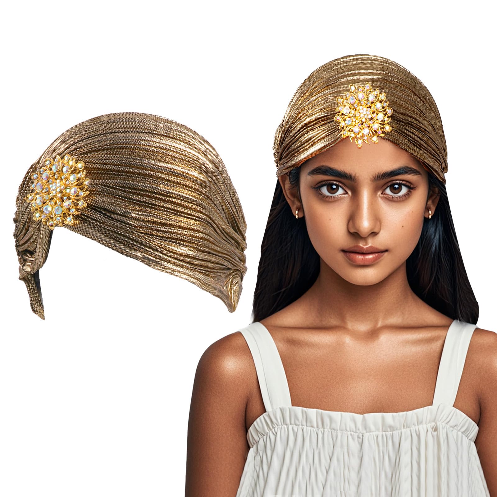 Turban damski kapelusz ze zdejmowaną broszką kryształową broszka w stylu lat 20. XX wieku, styl vintage, turban, elastyczna opaska na głowę, akcesoria do kostiumu Gatsby