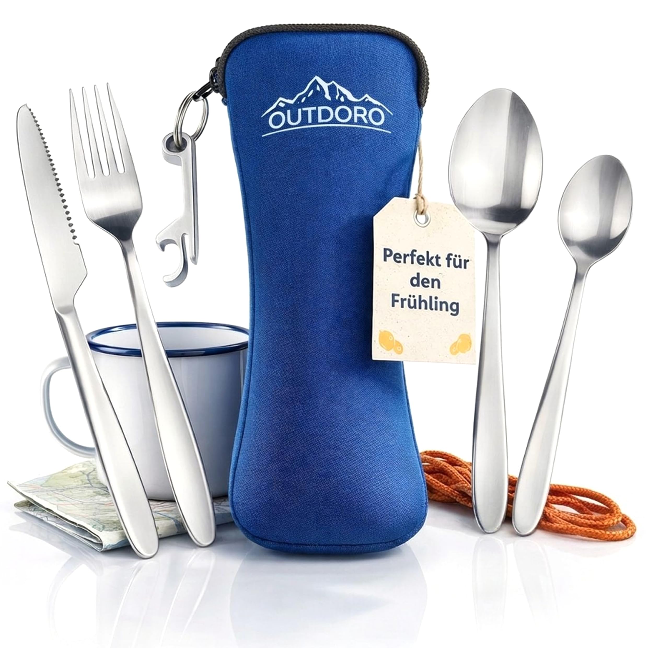 Outdoro Campingbesteck und Reisebesteck aus Edelstahl mit Neopren-Bestecktasche - Ideales Besteckset für Outdoor und Reisen Blau (Neopren)