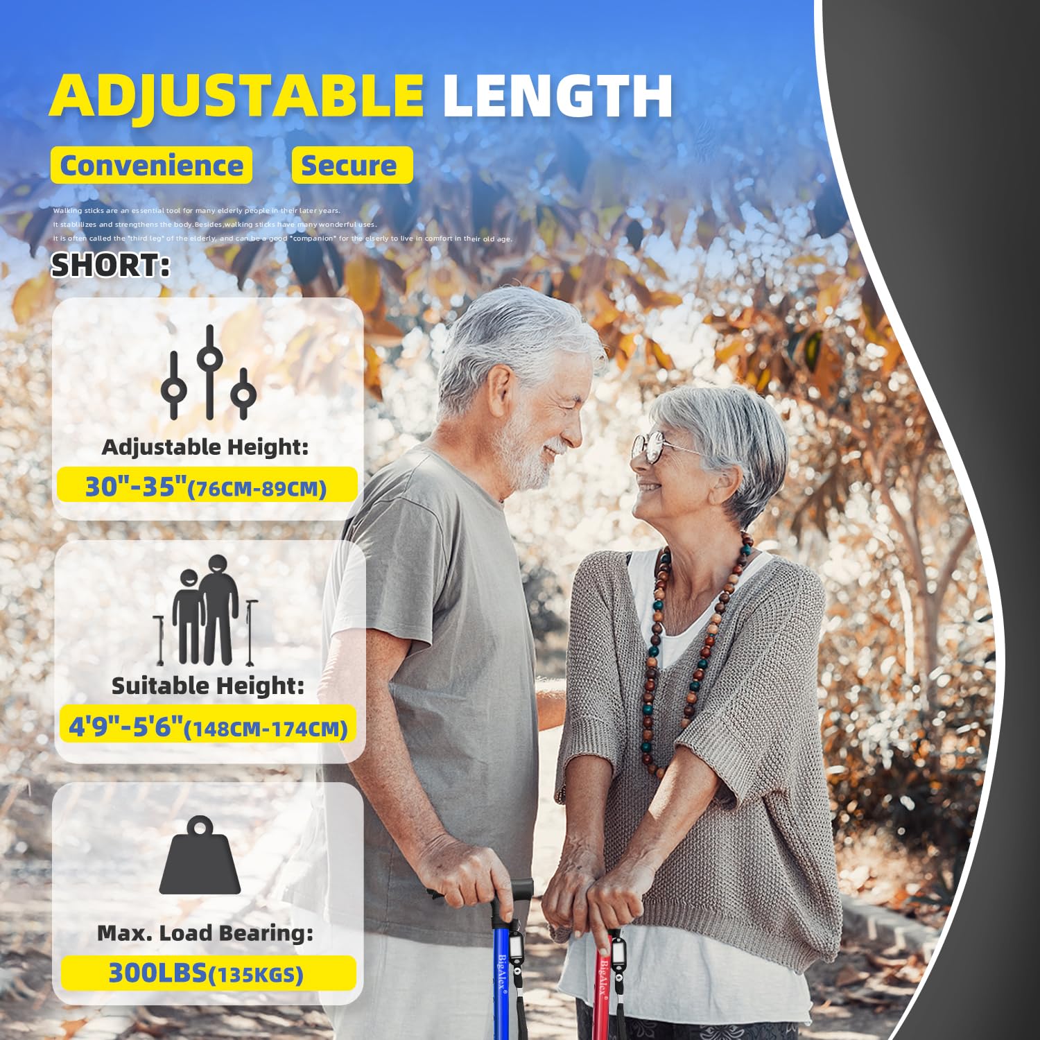 BigAlex Bastone Pieghevole con Luce LED, Bastone da Passeggio Regolabile con Manico Ergonomico, Leggero e Compatto per Uomo Donna e Base Quadrata Antiscivolo per Anziani