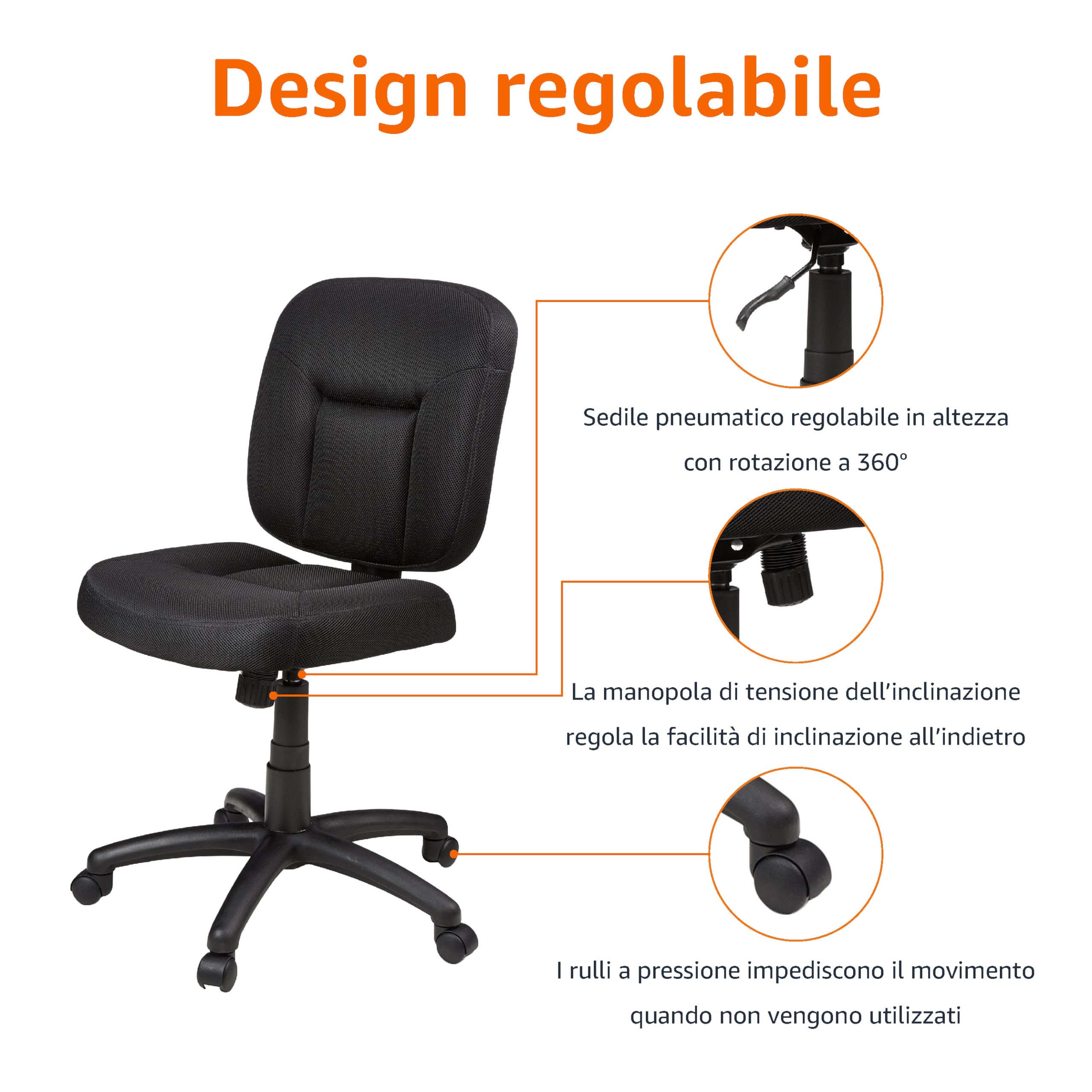 Amazon Basics Sedia da ufficio, da scrivania, con schienale imbottito, comoda per la schiena, altezza regolabile, facile montaggio, 64 x 47,5 x 87,5-98, nero