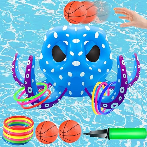 NDLLGOF Flotadores de piscina inflables de pulpo, juego de juegos de aro de baloncesto flotante 2 en 1 y lanzamiento de anillos cruzados inflables