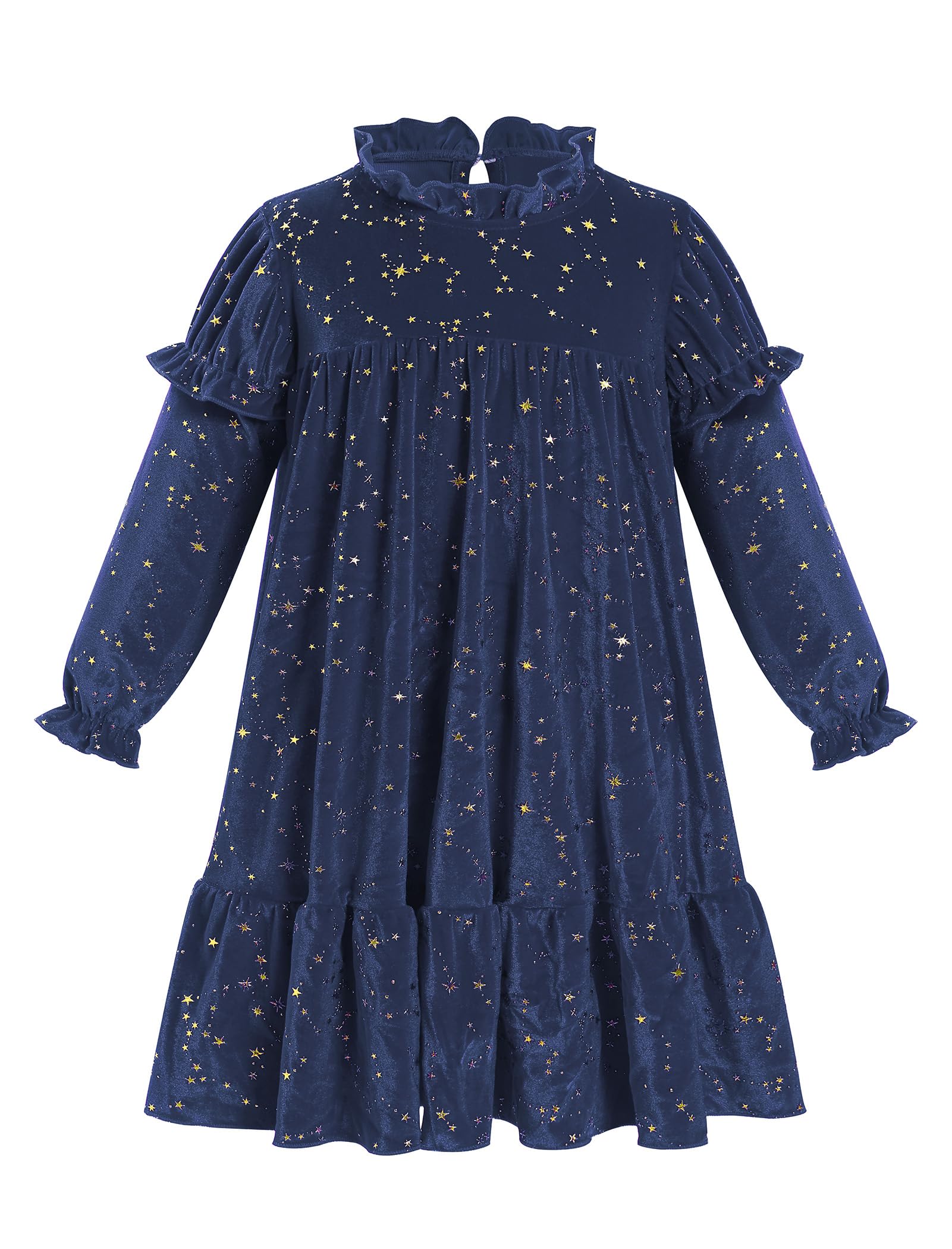 IBAKOM Girl Long Sleeve Sparkly Stars Velvet Dress Toddler High Neck Formal Fall Winter Wedding Birthday Holiday Dresses