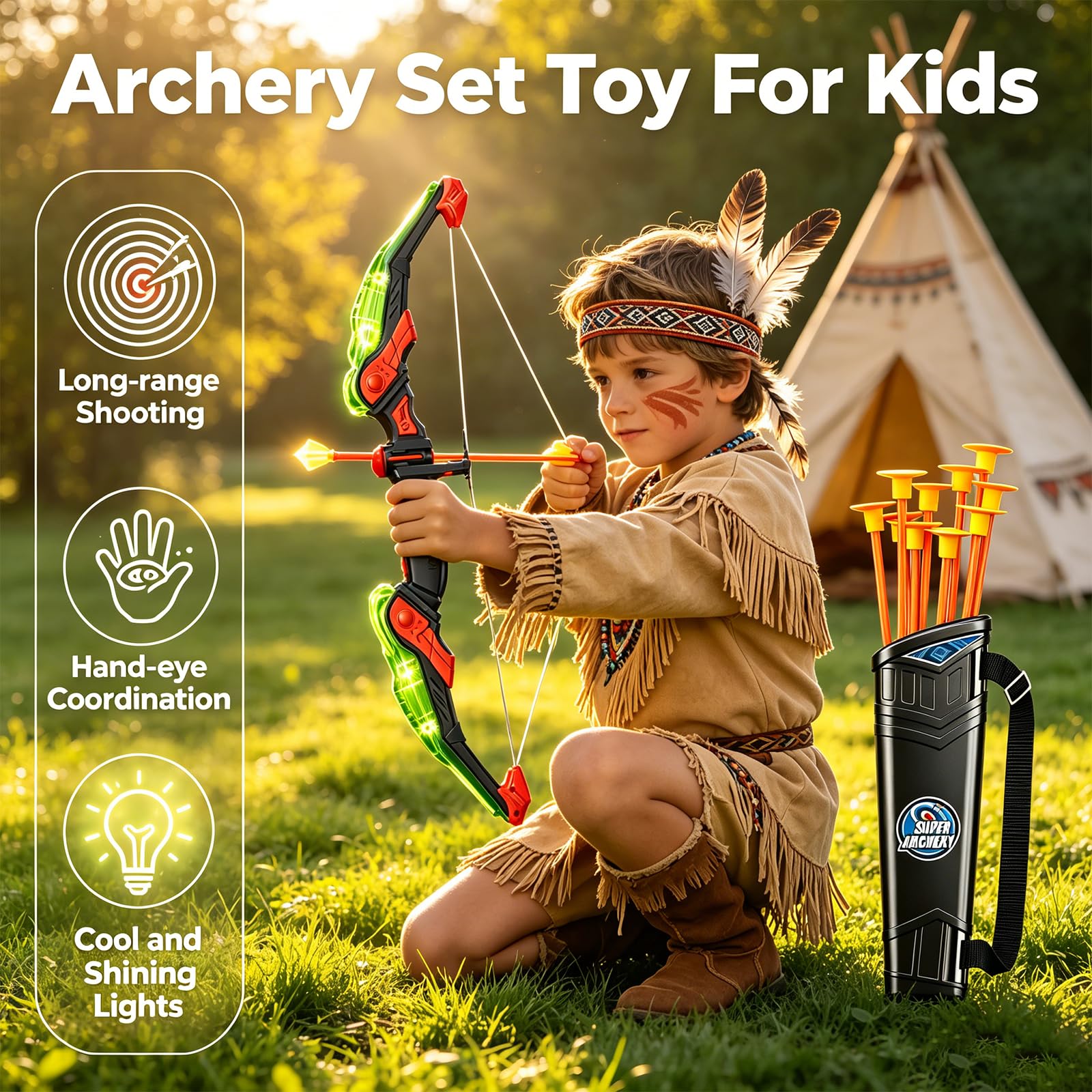 Pfeil und Bogen Kinder, Kinder Bogenset mit Zielscheibe, enthält 10 Pfeile mit Saugnapf für Jungen und Mädchen, Indoor & Outdoor