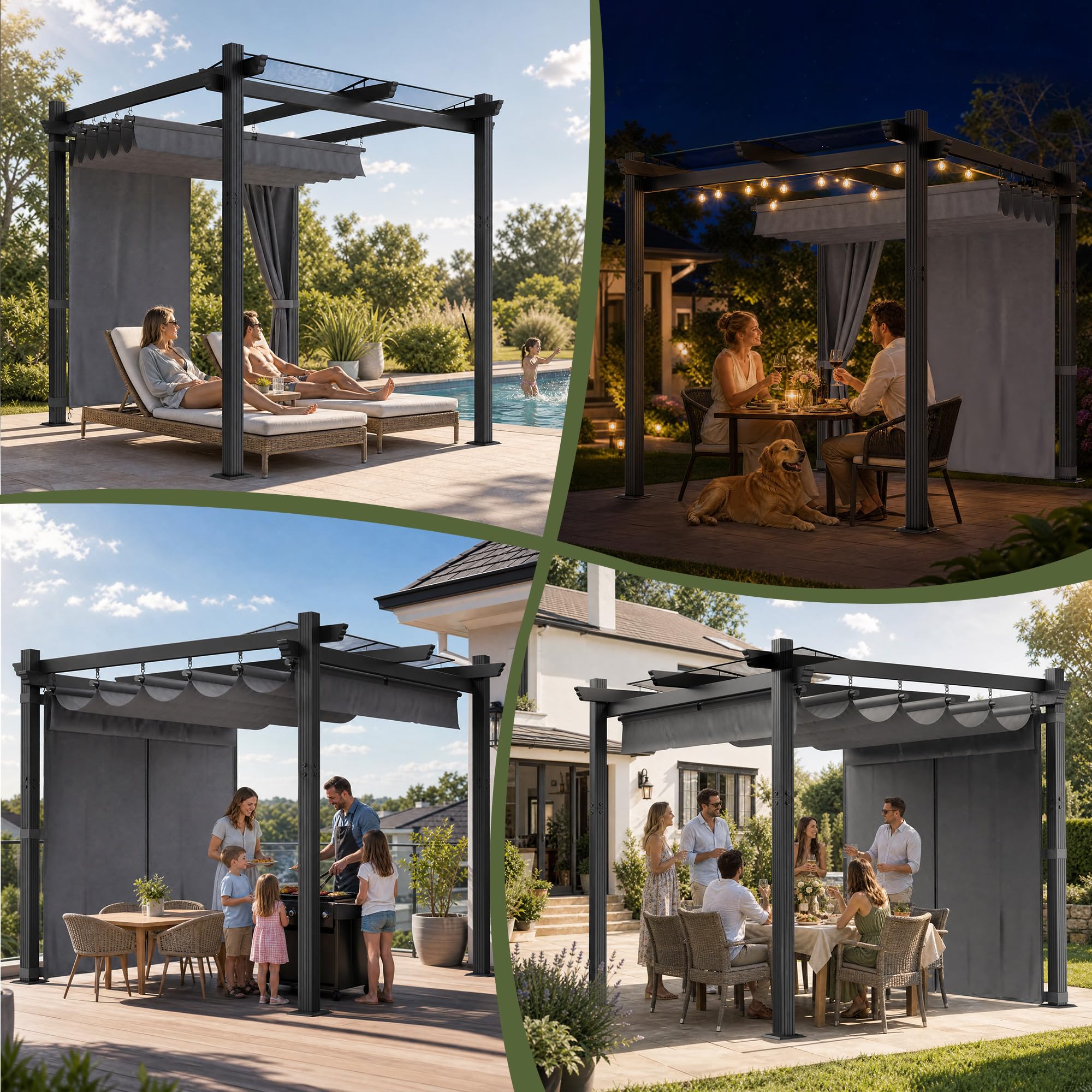 JUMMICO Aluminium Pergola Pavillon 3x3m wasserdicht stabil Winterfest, Gartenpavillon mit Schiebedach & Seitenwand, Sonnenschutz für Garten Terrasse & Balkon, schützt vor Sonne, Regen, langlebig, Grau