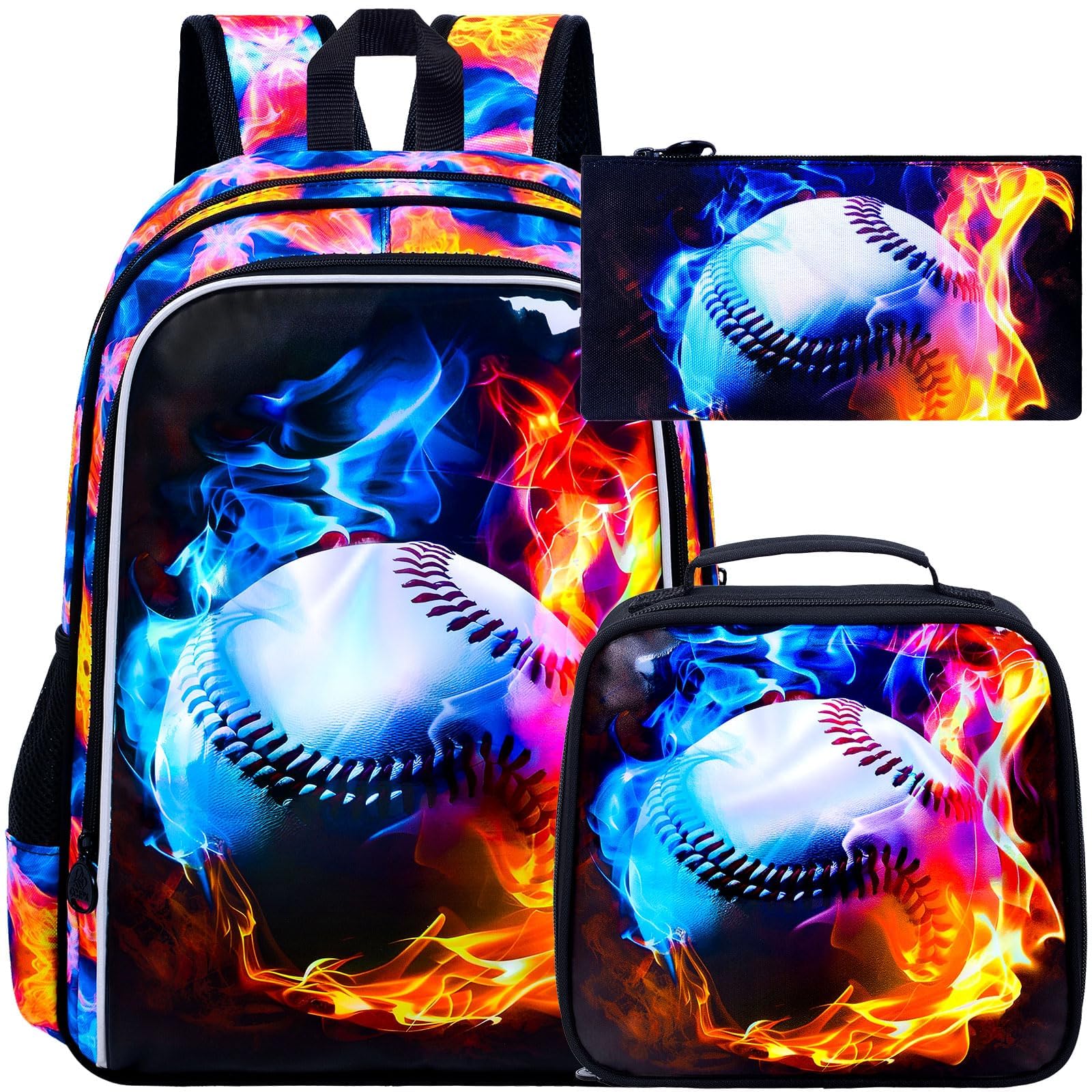 UFNDC 3PCS Boys Baseball Backpack, Kids Fire School Bag with Lunch Box, 17" Water Resistant Bookbag for Teenagers Elementary Middle