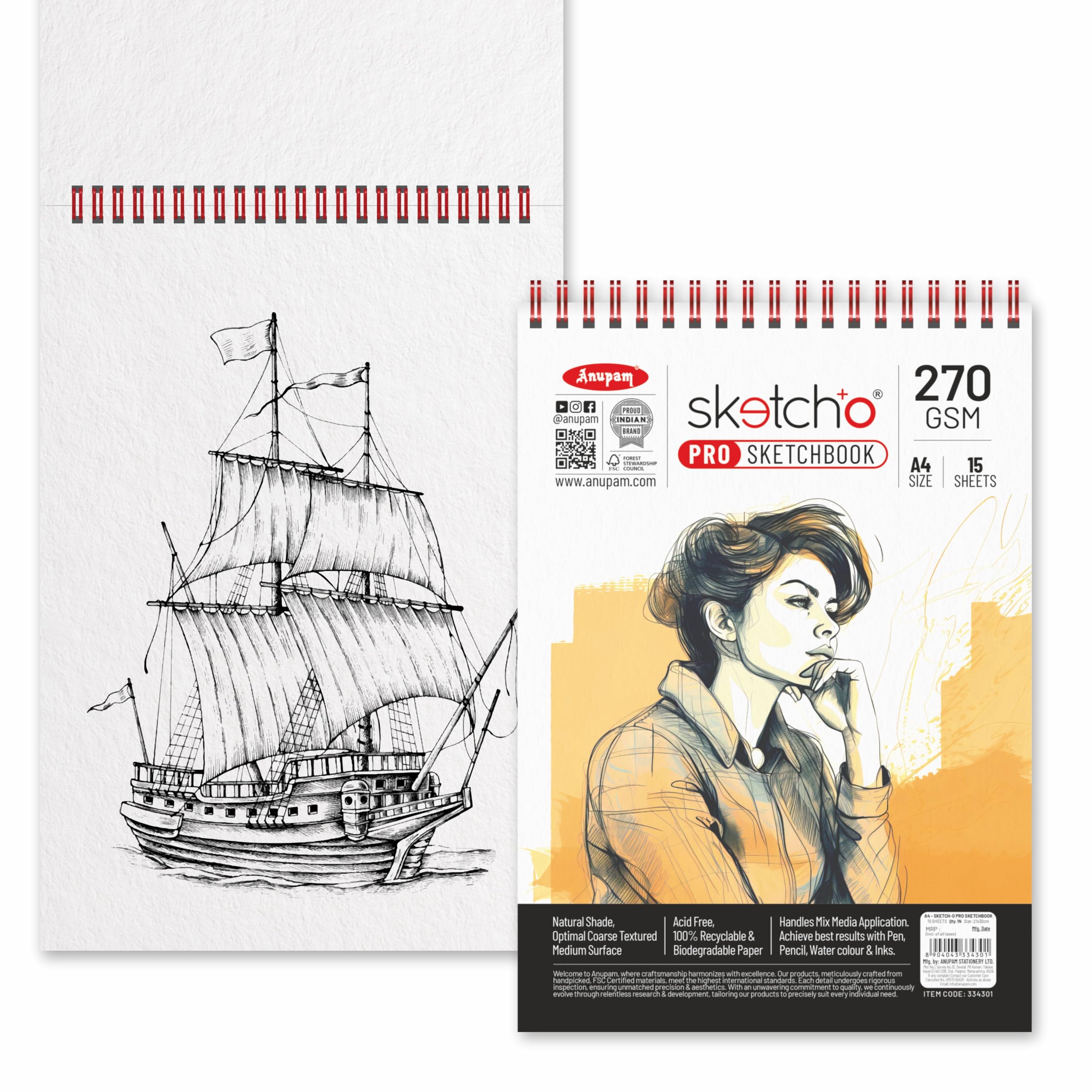 Anupam Sketch-O Pro Sketchbook A4 | 15 Sheets | 270 GSM | Durable, Acid-Free Paper | Top Spiral-Bound for Markers, Pencils, Charcoal & Inks 3