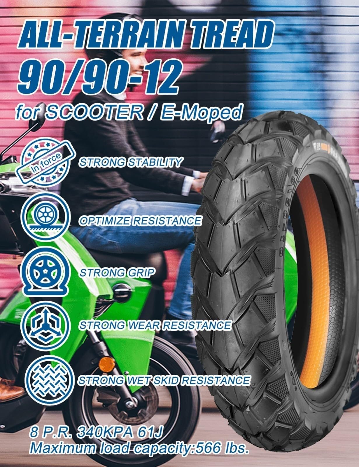 90/90-12 Opona do Skutera Bezdętkowego z Bieżnikiem Ulicznym z Przodu Lub z Tyłu, Obręcz 12 Cali, Opona Odporna na Zużycie 90 90 12 Używana, 340 kPa, MAKSYMALNE OBCIĄŻENIE 566 FUNTÓW 61J
