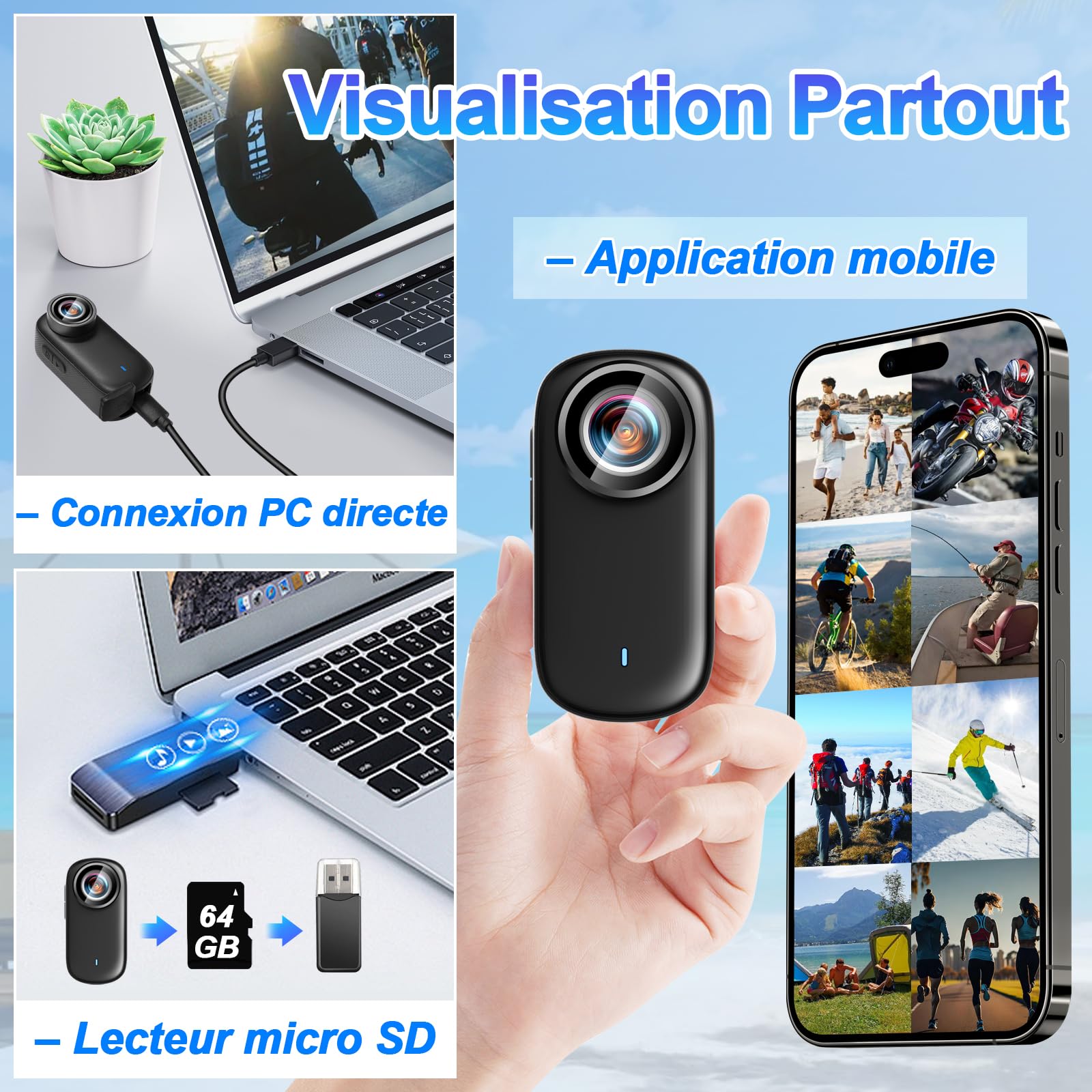Camera Moto 360 4K WiFi 150° IP65, avec 64GB & écran