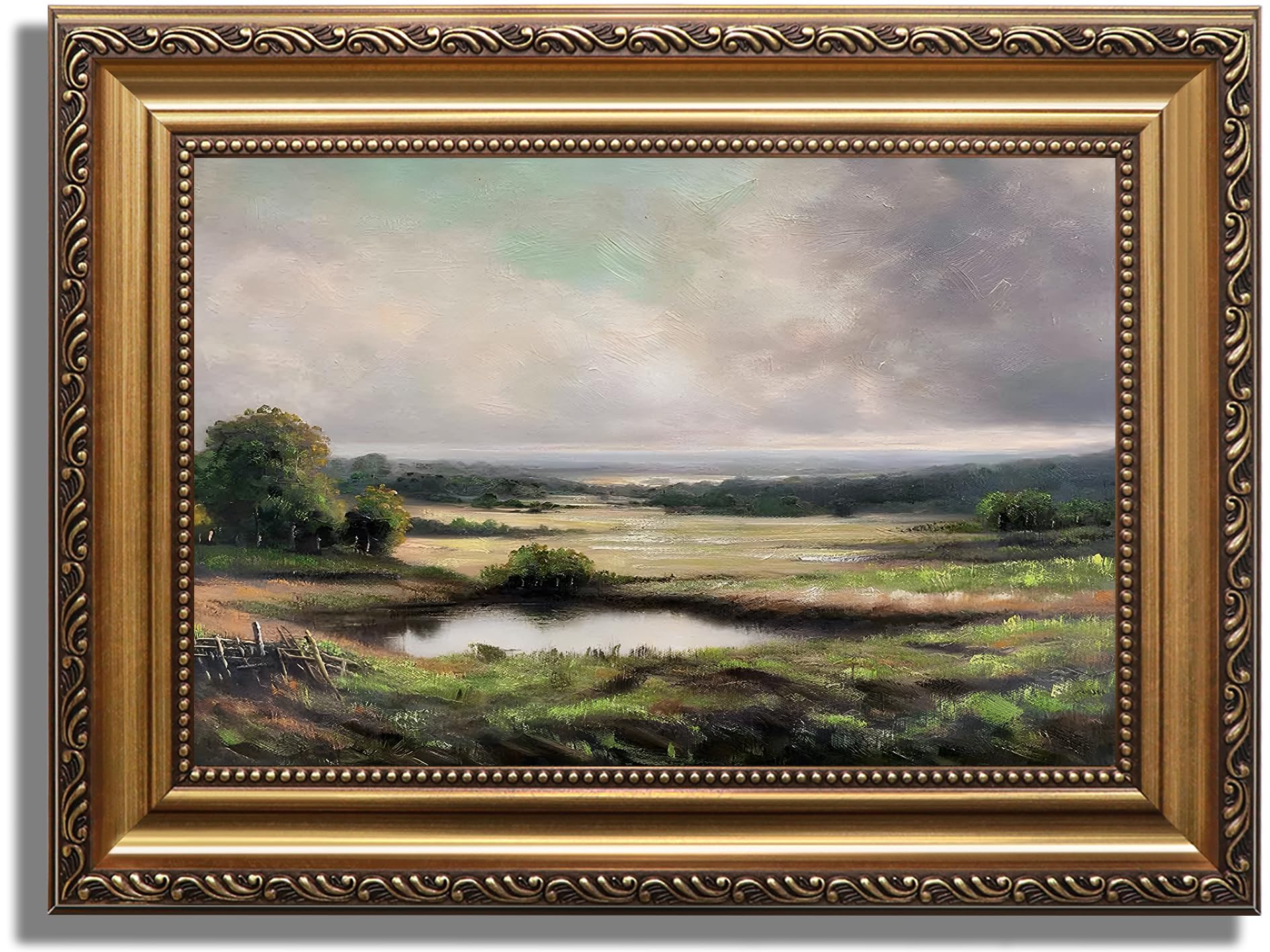 ASTRDECOR Vintage Gold Framed Mountain Wall Art Prints, Landscape Paintings Canvas Wall Art for Bedroom, Vintage Field Nature Wall Art, Rivers Green Pictures Farmhouse Wall Decor Living Room -