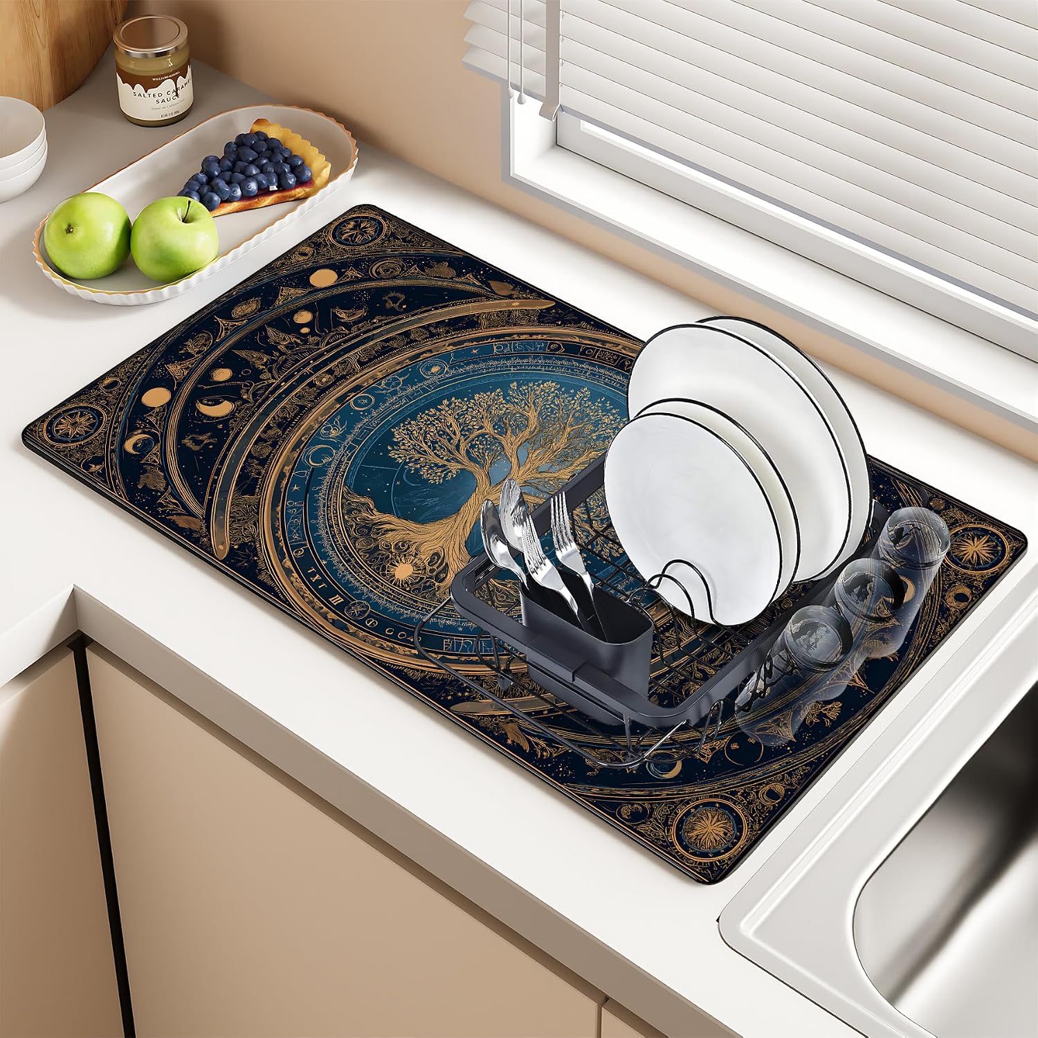 BVBOX 17" x 32" Coffee Bar Mat, Absorbent Dish Drying Mat Cuttable Hide Stain Draining Table Pad for Kitchen Counter, Coffee Bar Accessories (17"x 32", Retro Life Tree)