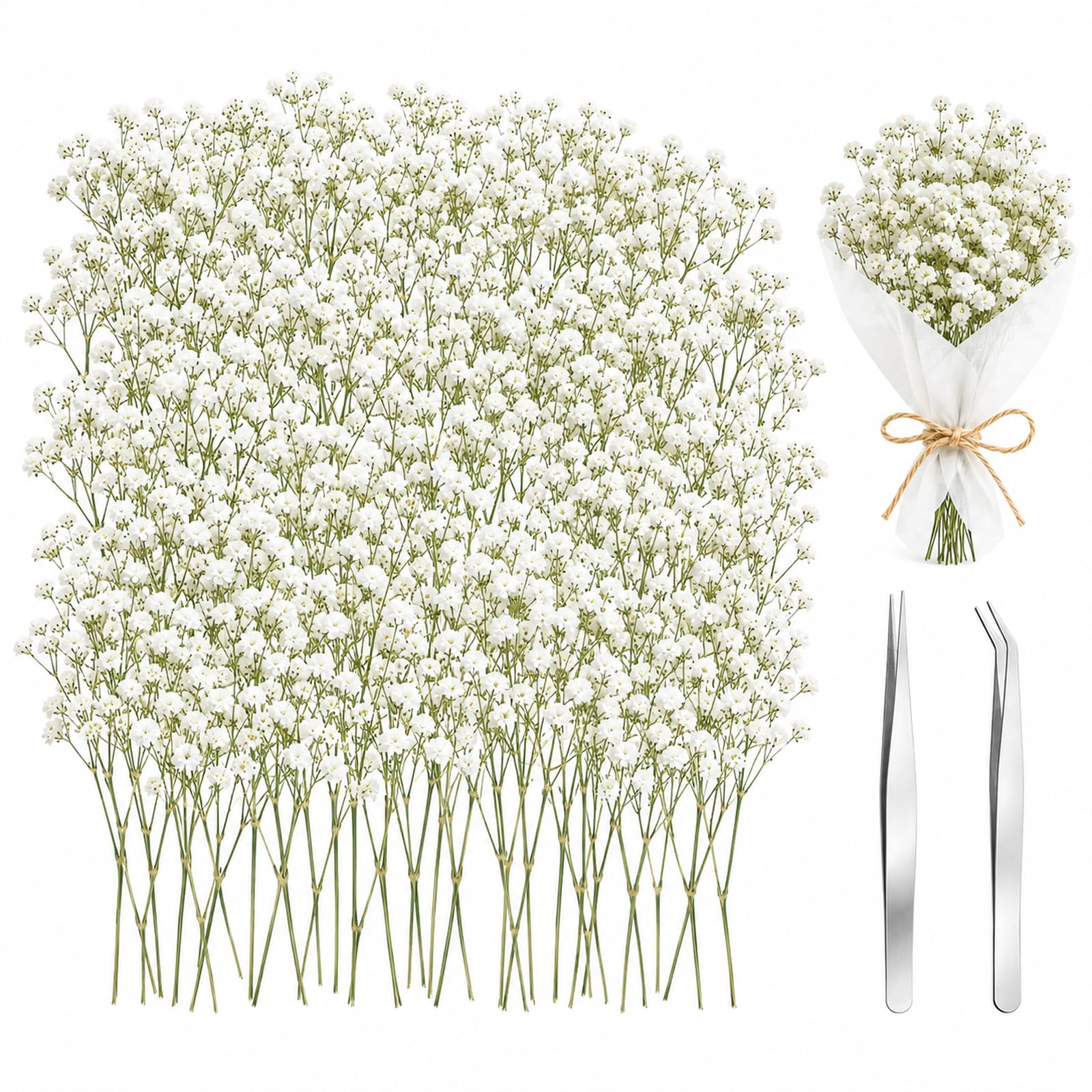150 Artificial Gypsophila Flowers, Dried-Style Baby's Breath, 2 Tweezers