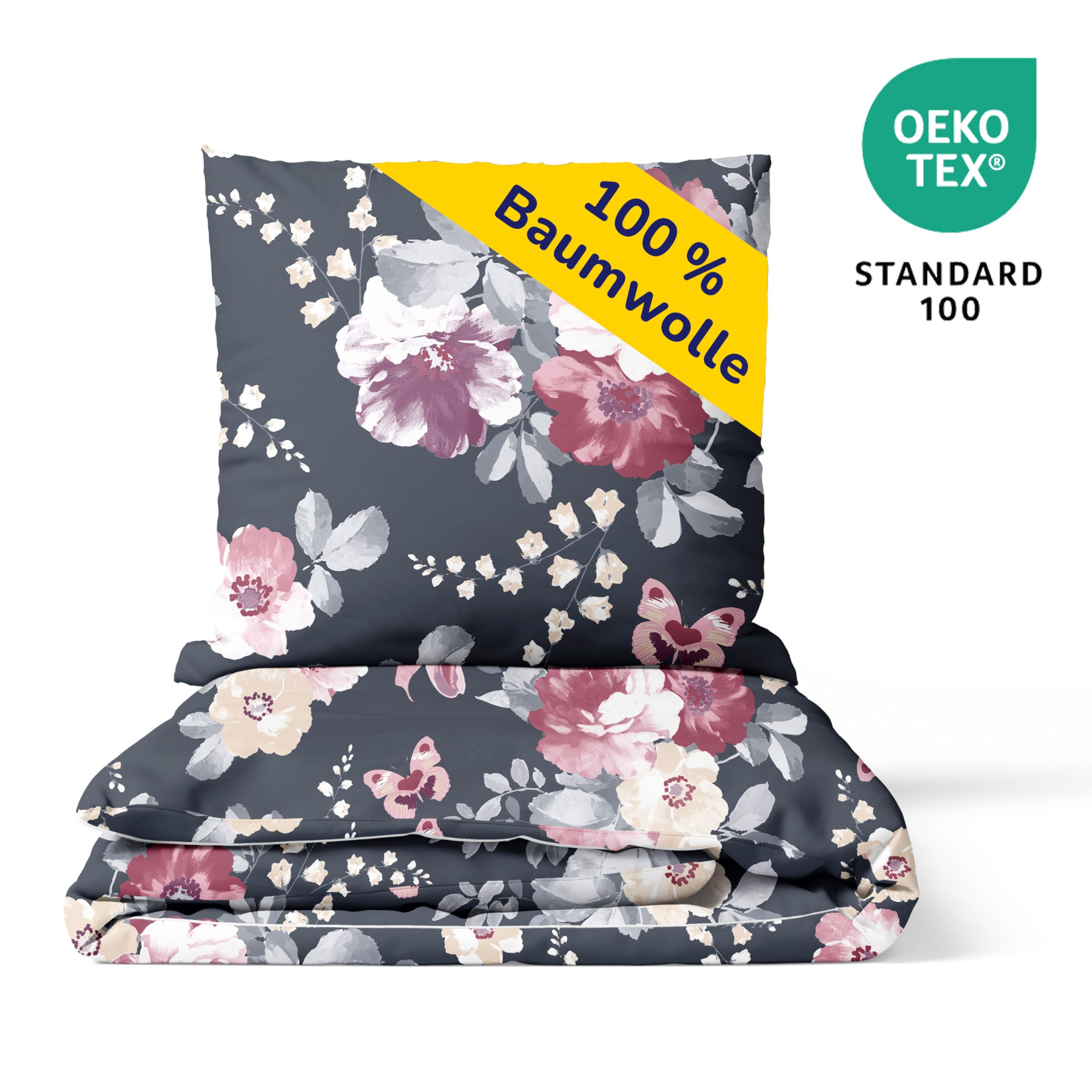 Träumschön Biber Bettwäsche Set 2tlg 155x220 cm + 80x80 cm – Flauschige Rosen Bettwäsche Grau – Weiche Winterbettwäsche mit Blumen - Atmungsaktiv, Warm & Hautfreundlich - 100% Baumwolle
