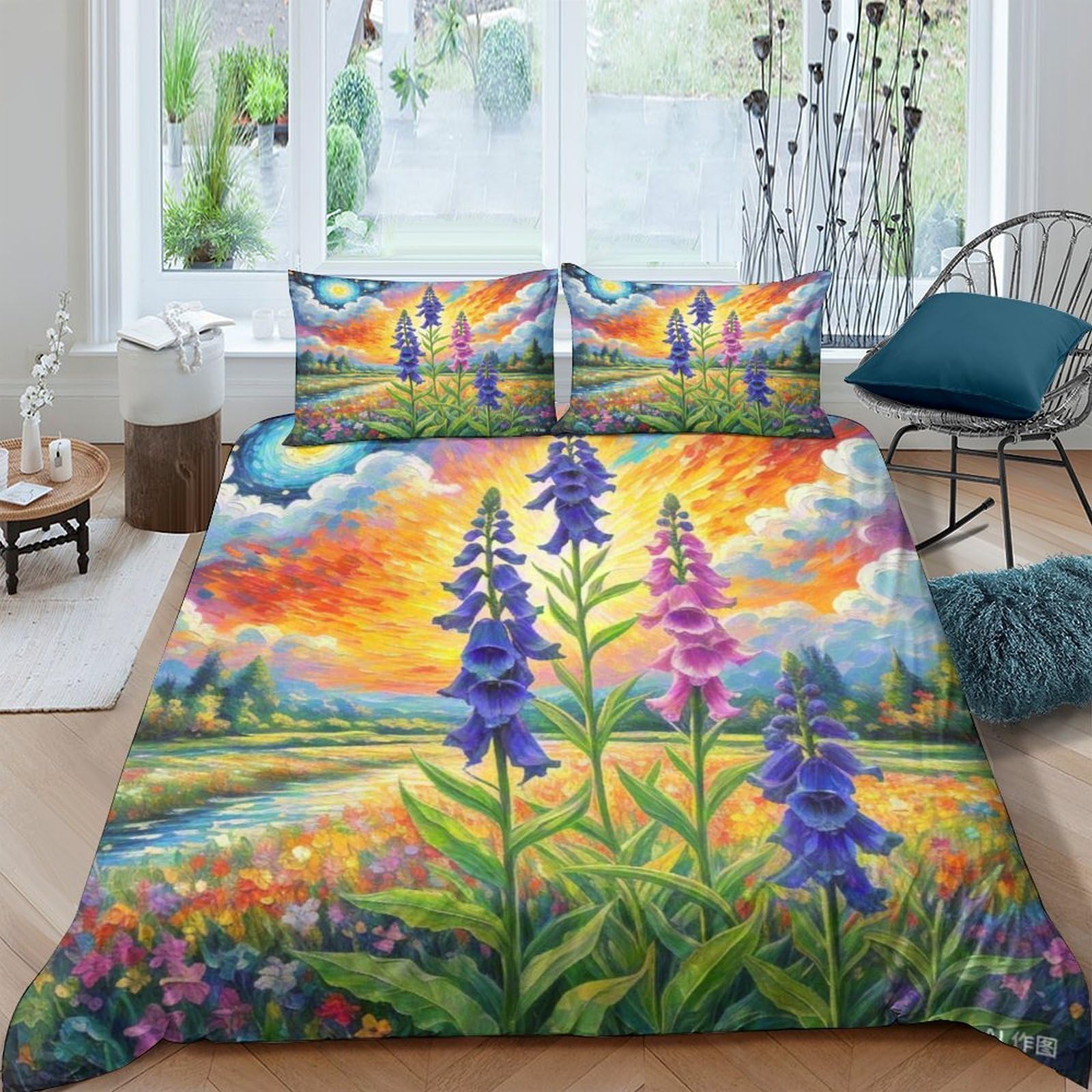 Housse de couette imprimée 3D delphinium parure de lit king durable et hypoallergénique