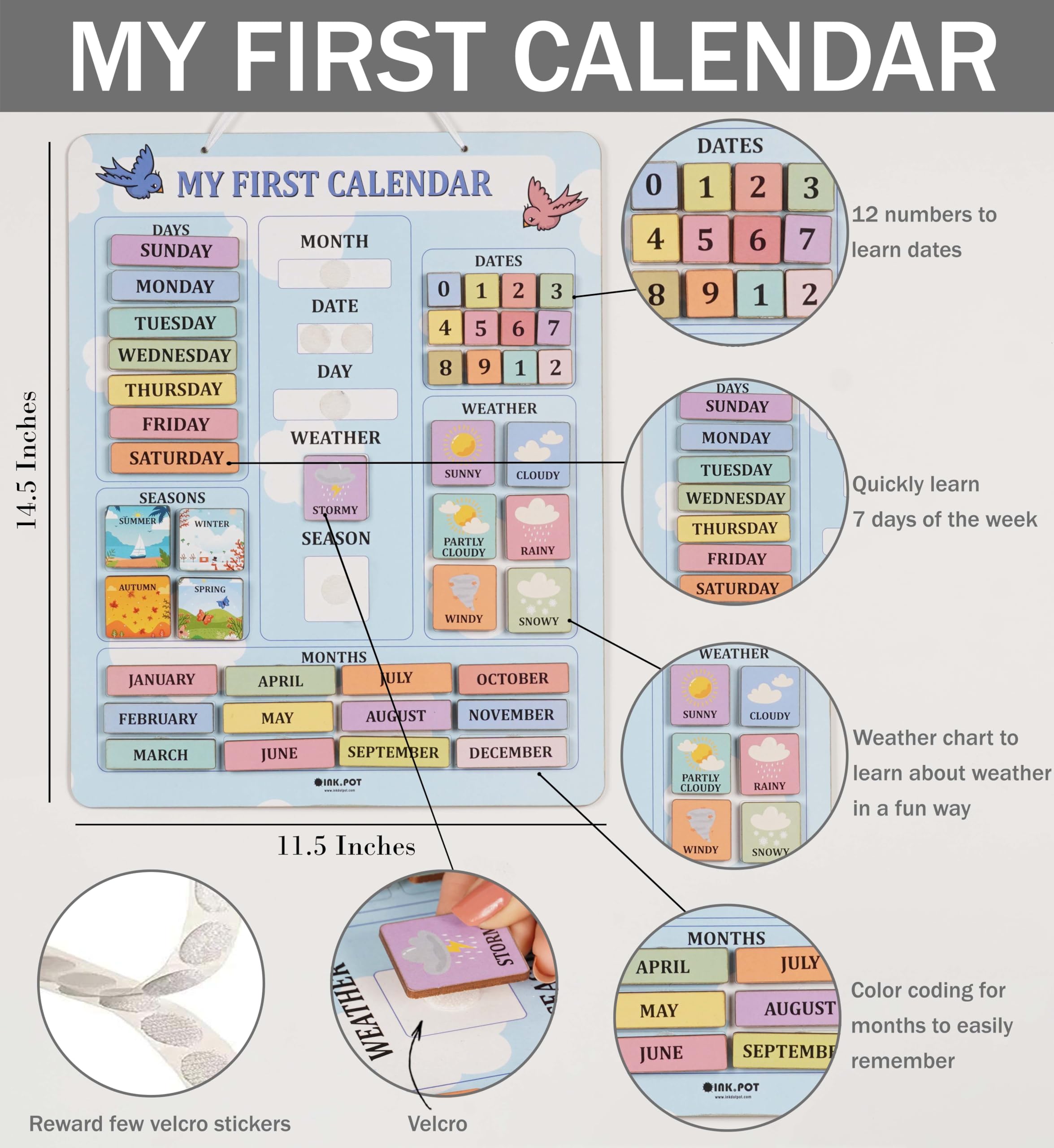 Inkdotpot My First Calendar Board For Kids, Preschool Wall Hanging Month/Date/Day/Weather/Season (42 Pieces); Classroom Learning Calendar Board, 14.5 x 11.5 inches-Light Blue - Image 3