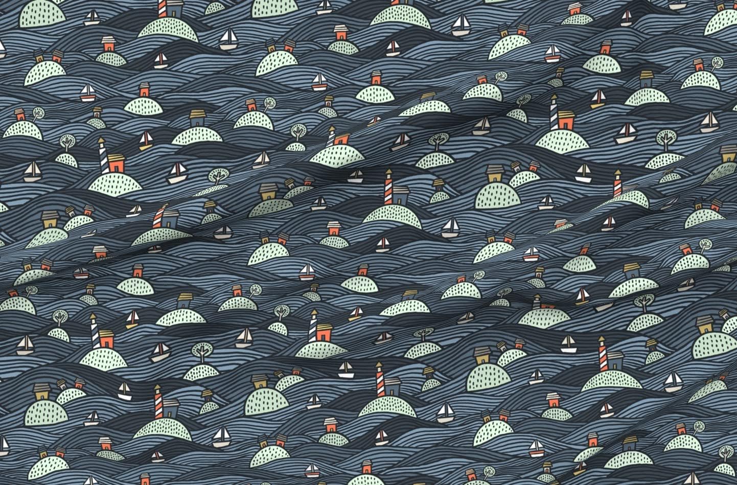 Spoonflower Fabric - Islands Lake Boats Island Fishing Camping Printed on Organic Cotton Sateen Fabric by The Yard - Sewing Quilting Apparel Home Decor