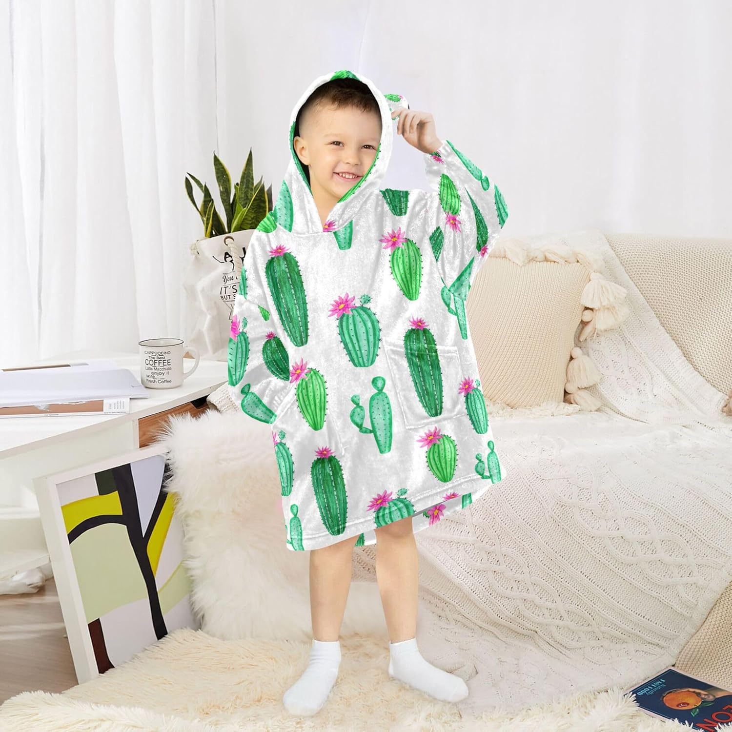 Cactus Flower Kids Wearable Blanket Hoodie with Pocket and Sleeves for Toddlers, Cute Hoodies Girls Boys B0403986