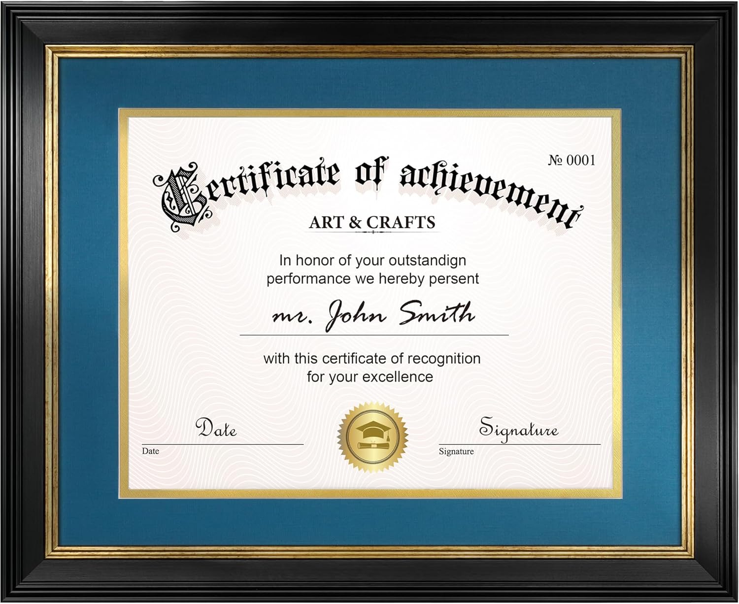 Yaetm 11x14 Diploma Frame with Mat for 8.5x11 Certificate, Document Frame with Navy Over Gold Acid-free Mats & Tempered Glass, Tabletop or Wall Mount, Single, Black/Blue 11x14 with mat for 8.5x11 Black Frame / Blue Mat - 1 pack