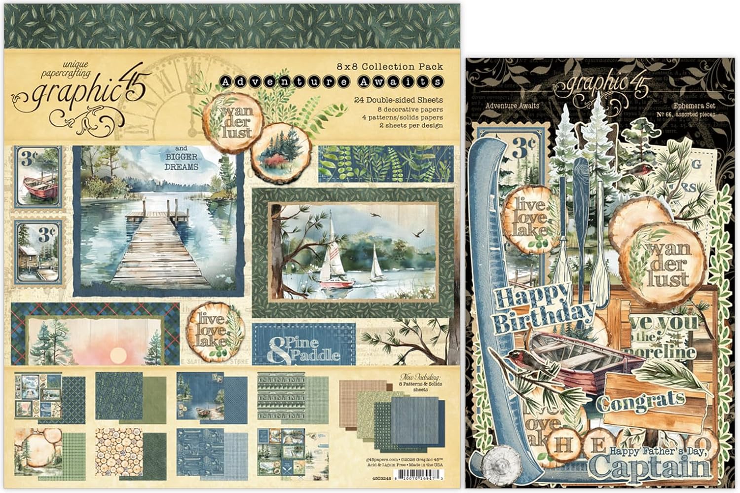 Graphic 45 Adventure Awaits Decorative Papers - 8x8 Paper Pack and Ephemera Die-Cuts
