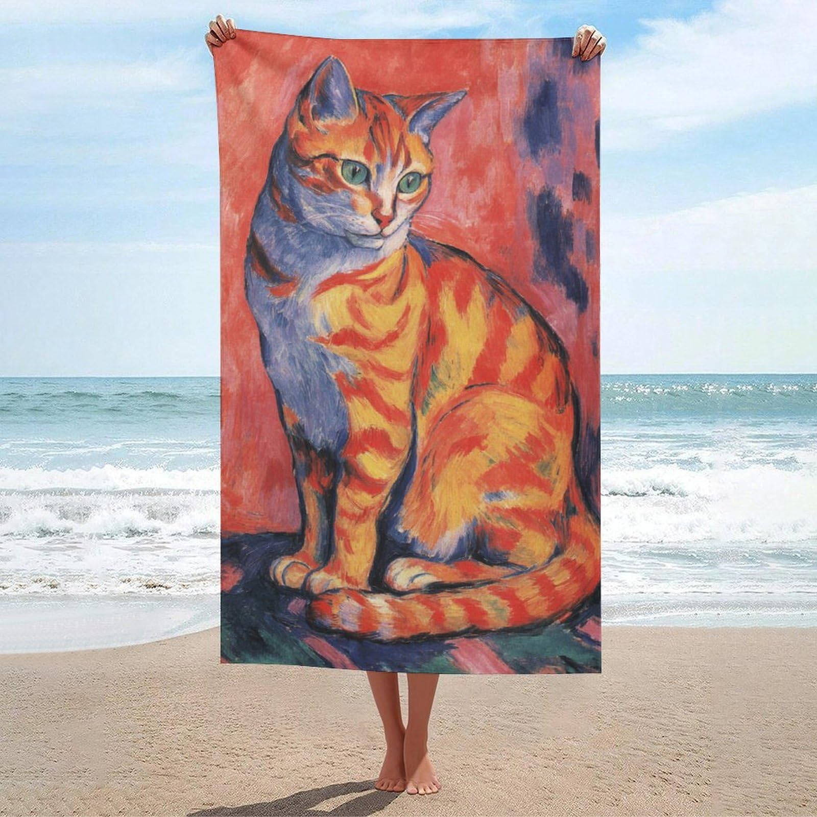 sinyumoney Abstract Cat Painting Bathroom Towels Oversized Highly Absorbent Quick Dry Beach Towel for Outdoor Pool Garden Holiday 130cm*80cm