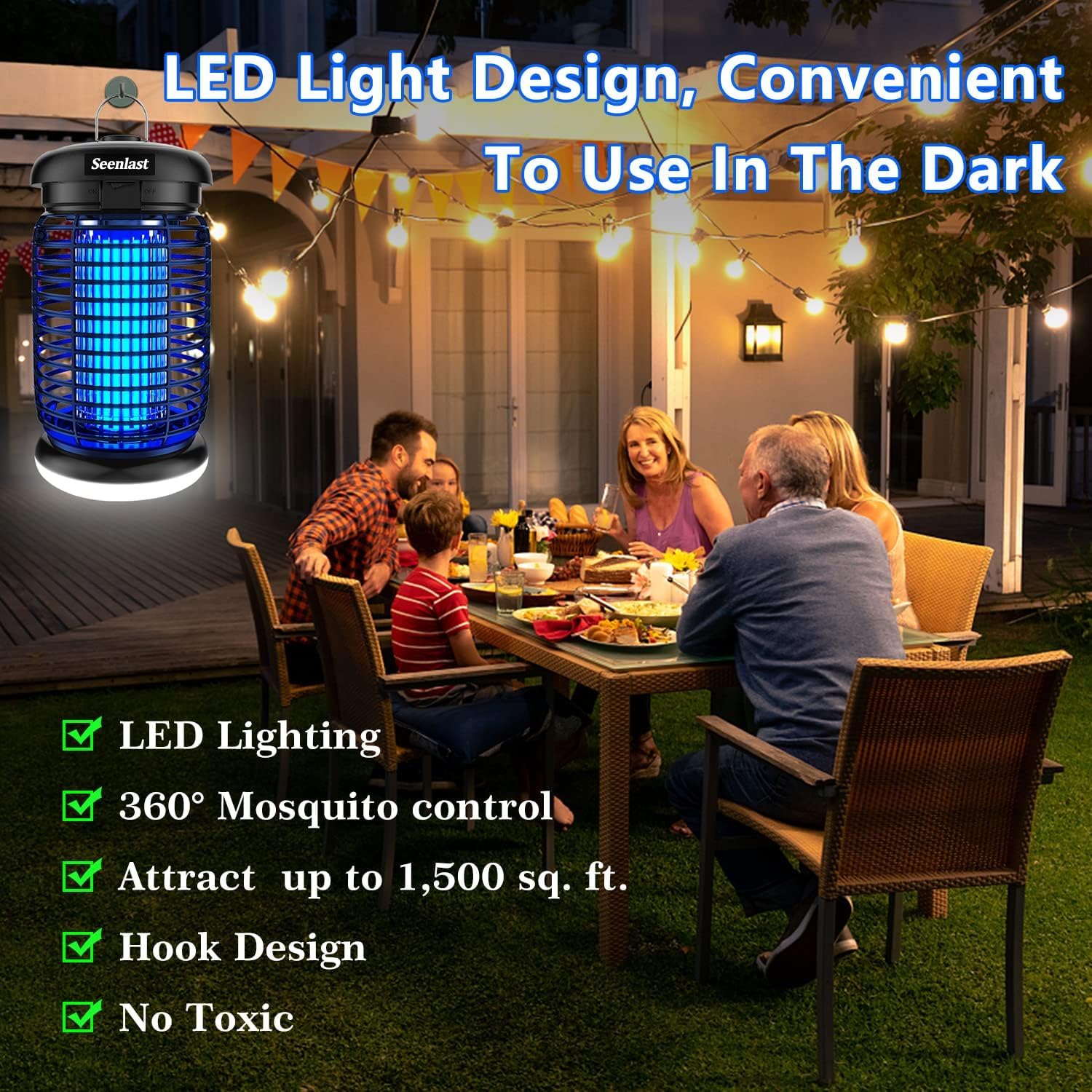seenlast Lampe Anti Moustique 15W 4200V UV Tueur d'Insectes Électrique Étanche 140m² Intérieur Extérieur