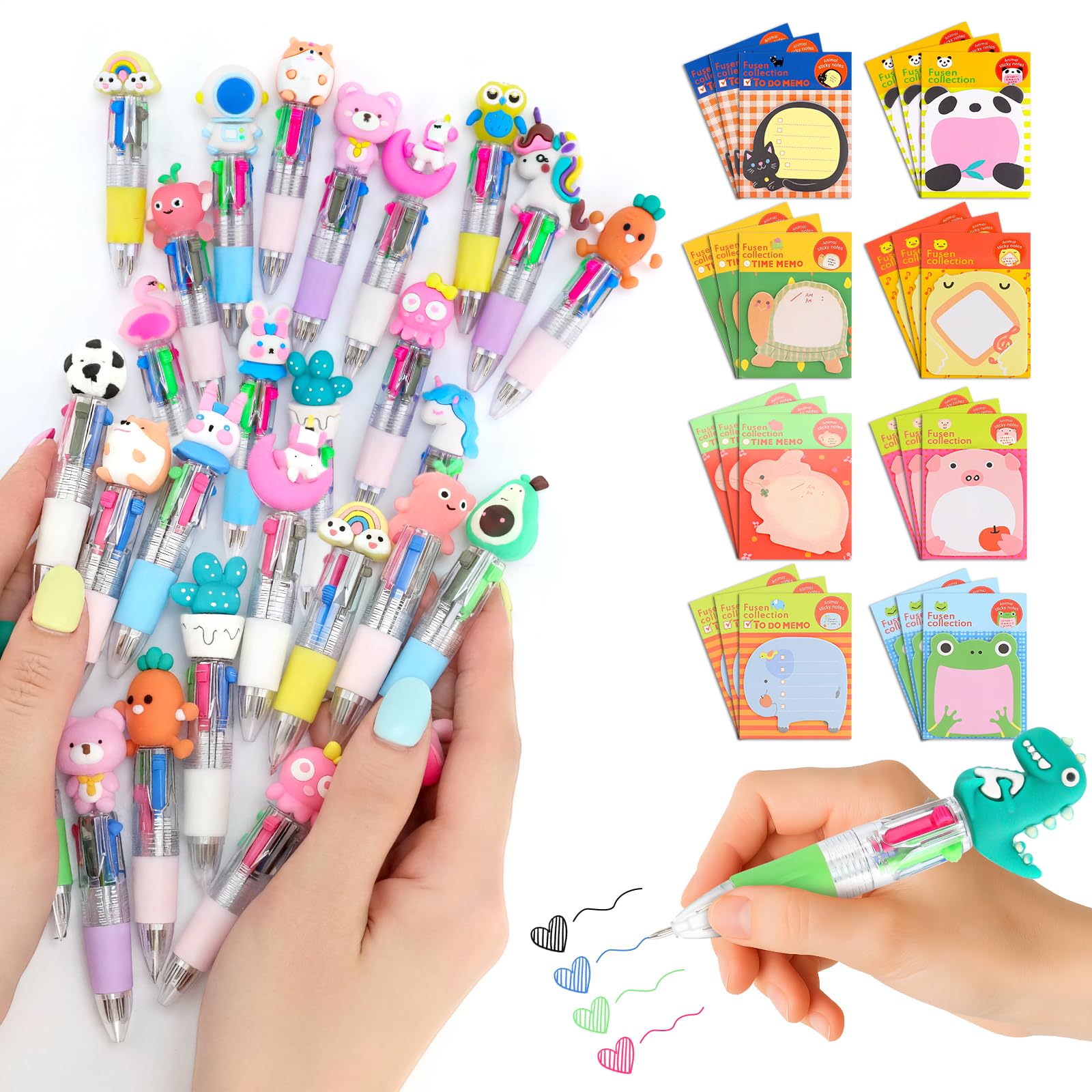 24 Pack Cute Multicolour 4-in-1 Pens and Animal Sticky Notes Set, Kawaii Ballpoint Pens for Boys and Girls, Party Bag Fillers, Classroom Prizes and Fun Stationery Gifts for School and Office
