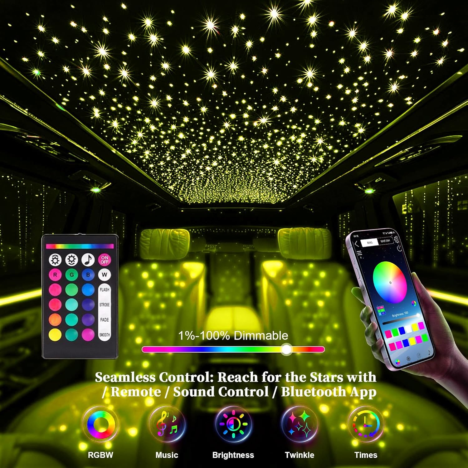 Starlight Headliner Kit 300pcs – Minimalist Style | 16W RGBW Fiber Engine, Twinkle, App Control, Music Sync, Easy Install for Car & Home