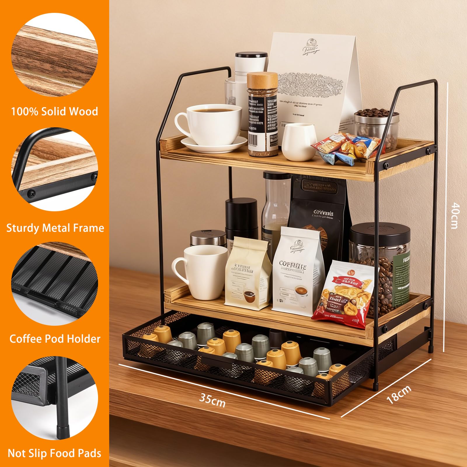 Organizador de estación de café con almacenamiento de cápsulas, organizador de estación de café de 2 niveles con soporte para cápsulas, soporte para tazas de encimera, almacenamiento de barra