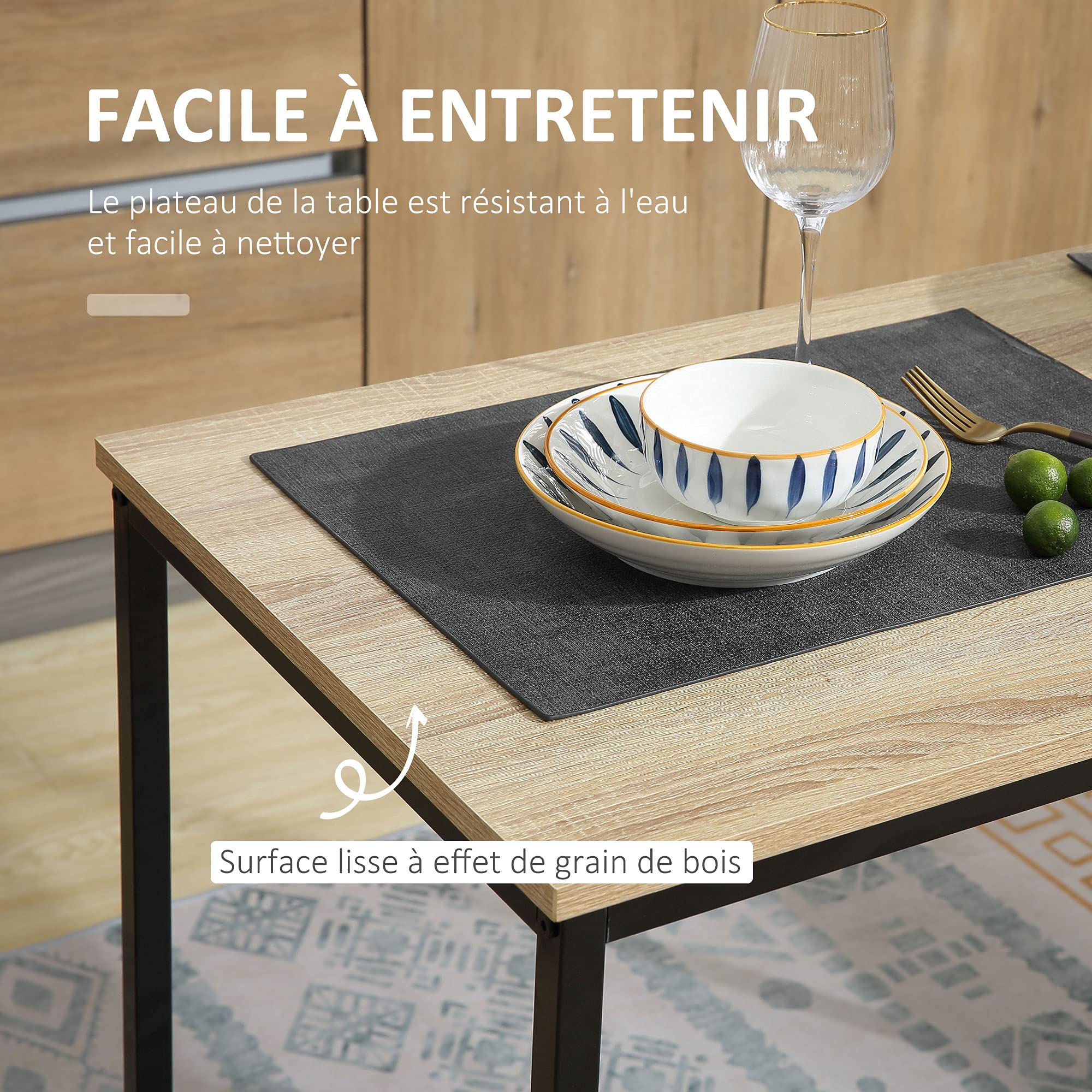 HOMCOM Ensemble Table et chaises de Salle à Manger Set de 1 Table + 2 chaises encastrables pour Cuisine - métal Noir Aspect chêne Clair