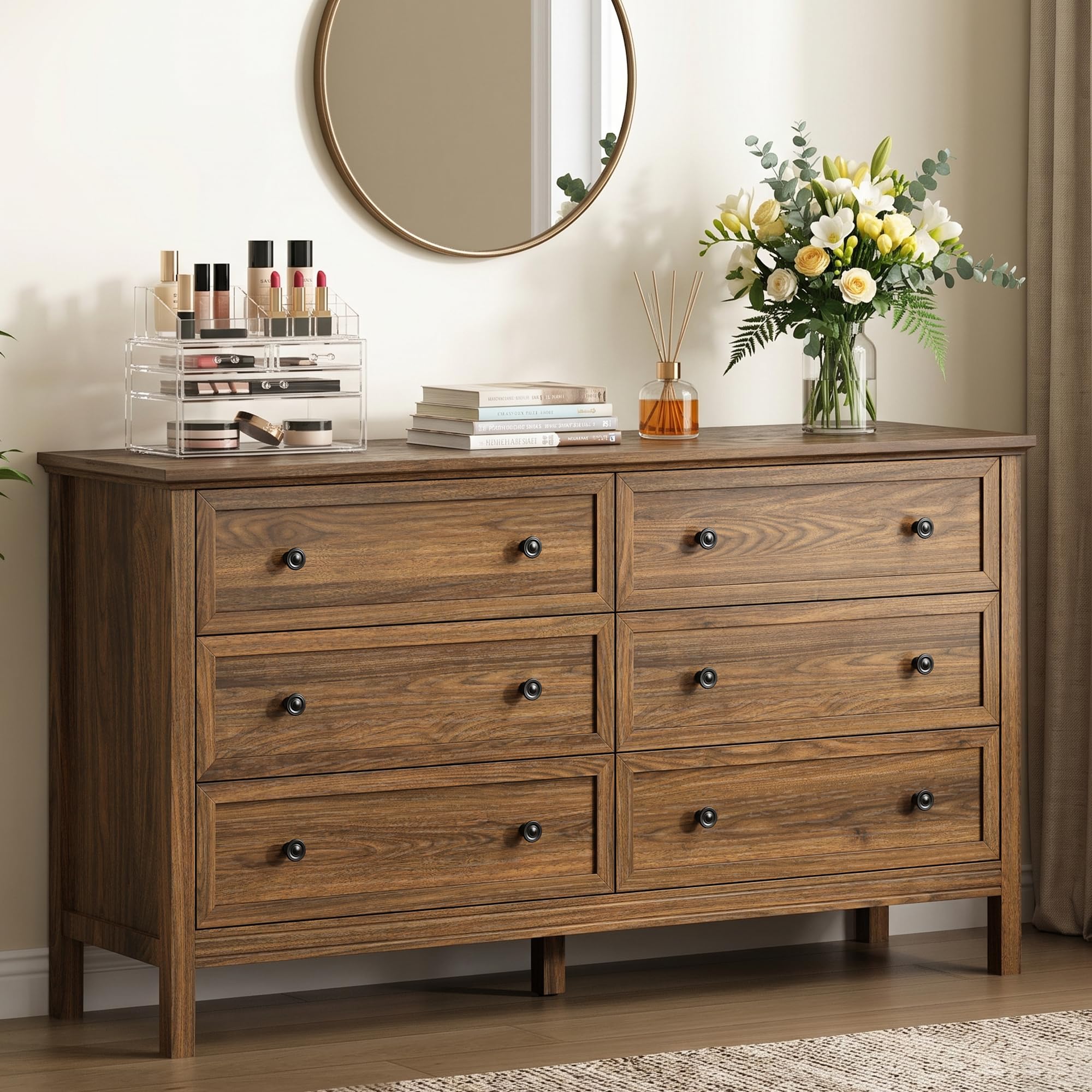 Walnut 6 Drawer Dresser for Bedroom, 55