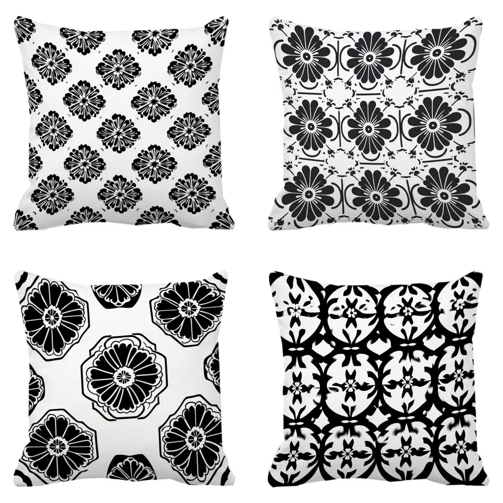 Housse de coussin 45x45 cm en lin imperméable géométrique noir et blanc