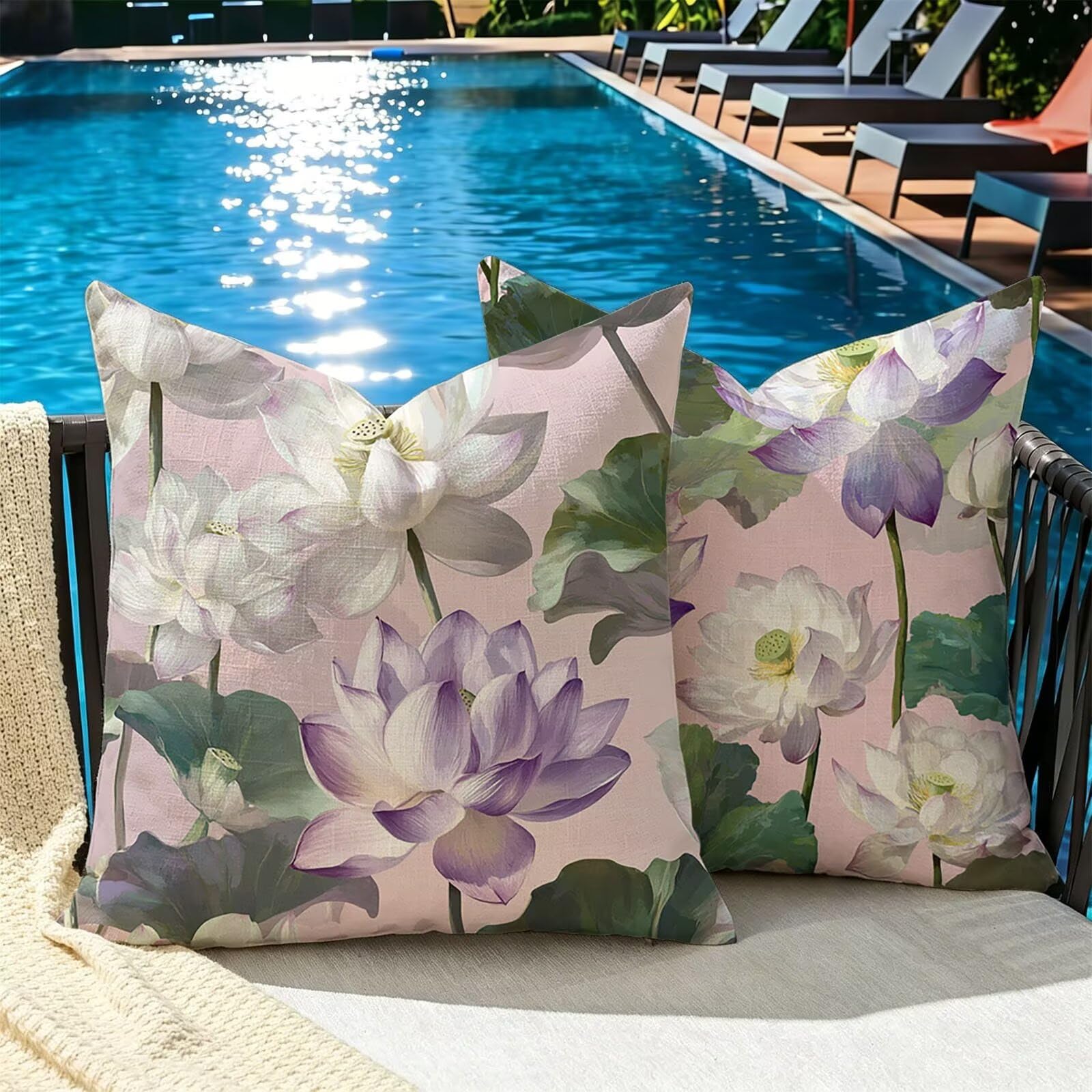 Kissenbezug 65x65cm Outdoor Kissen 2er Set Lotus Rosa Leinen Dekokissen