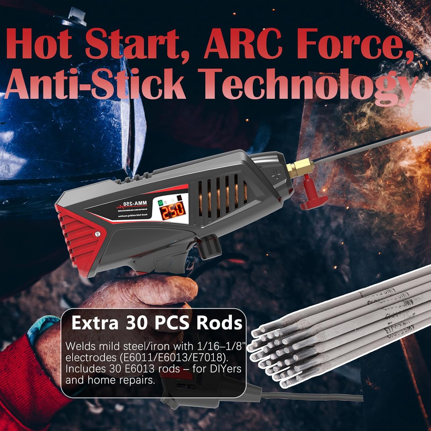 Runtoo Handheld Welder, Welder Machine 110V Hand Held Welder Gun 20-250A, 30 PCS Rods Portable Welding Machine, 1/16"-1/8" Stick Welder, 2-in-1 MMA IGBT Inverter ARC Welder with Digital Display
