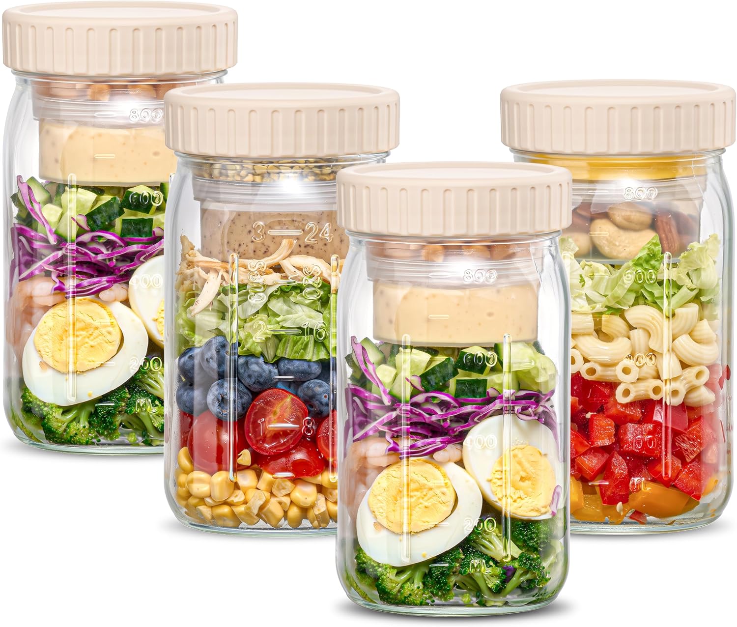 Danmu 32 oz Salad Jars with 2 Dressing Cups - Glass Mason Jar Meal Prep Containers,Wide Mouth,Leak Proof,Dishwasher Safe - Dry Wet Food Separation for Fresh Salad,Leftovers 4 Pack