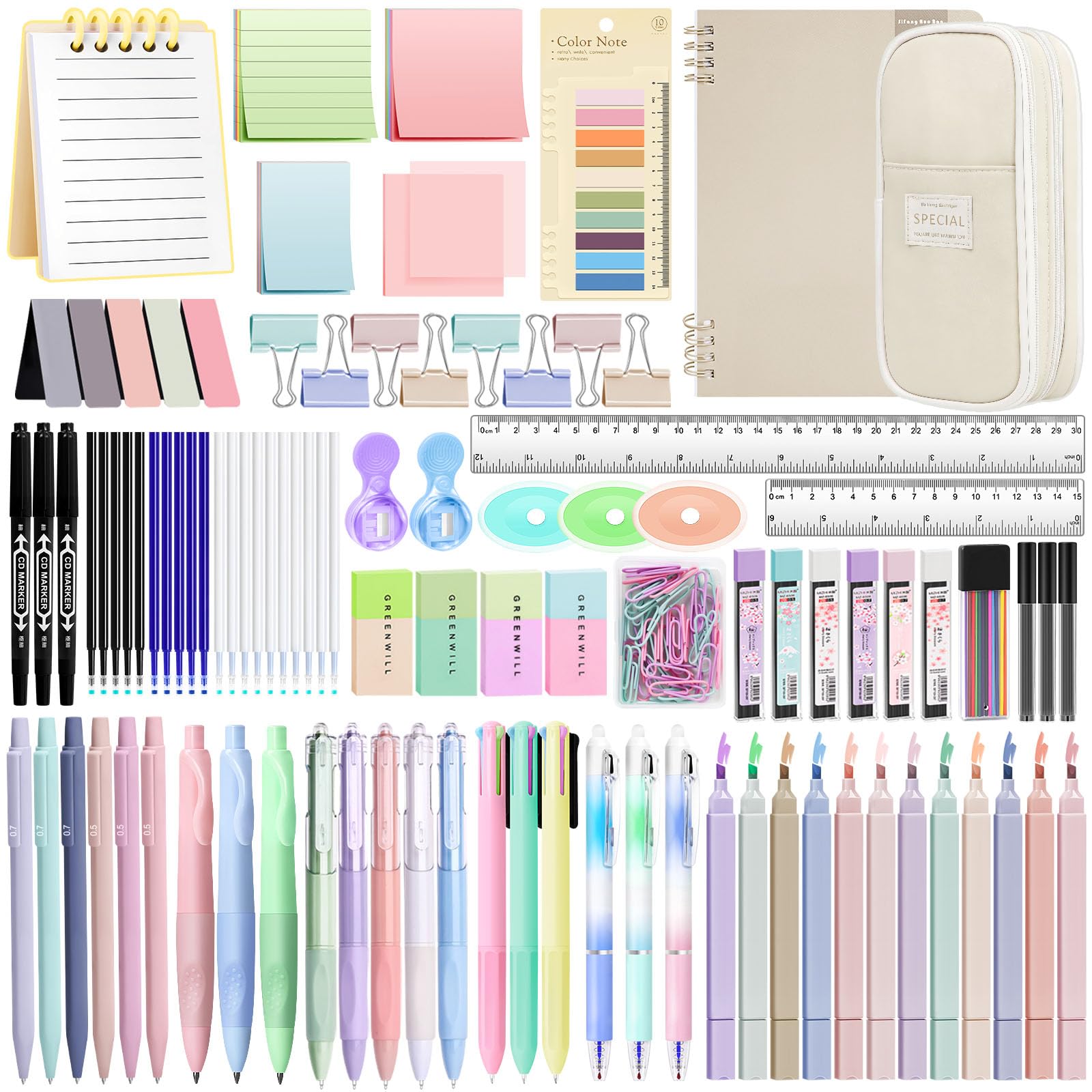 147 articoli di cancelleria estetici con astuccio color crema, 12 evidenziatori pastello, set di cancelleria College Essentials
