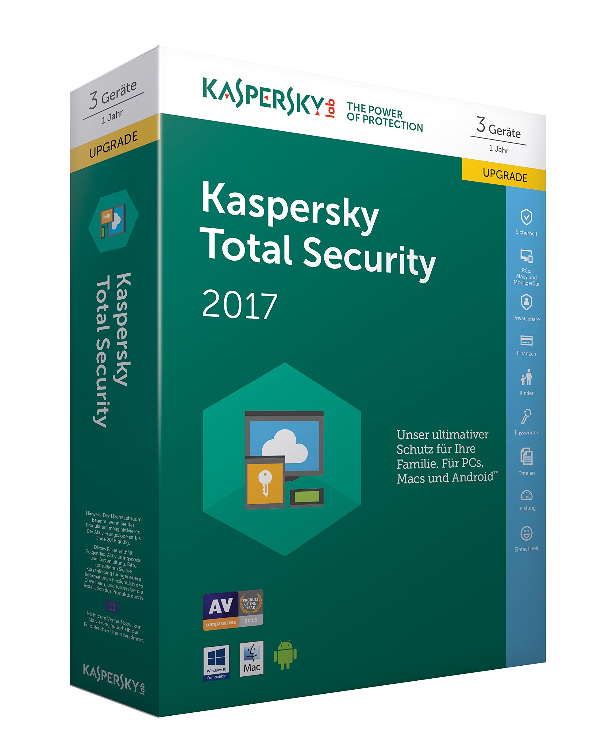 Kaspersky Total Security 2017 Upgrade | 3 Geräte | 1 Jahr | PC/Mac/Android | Download