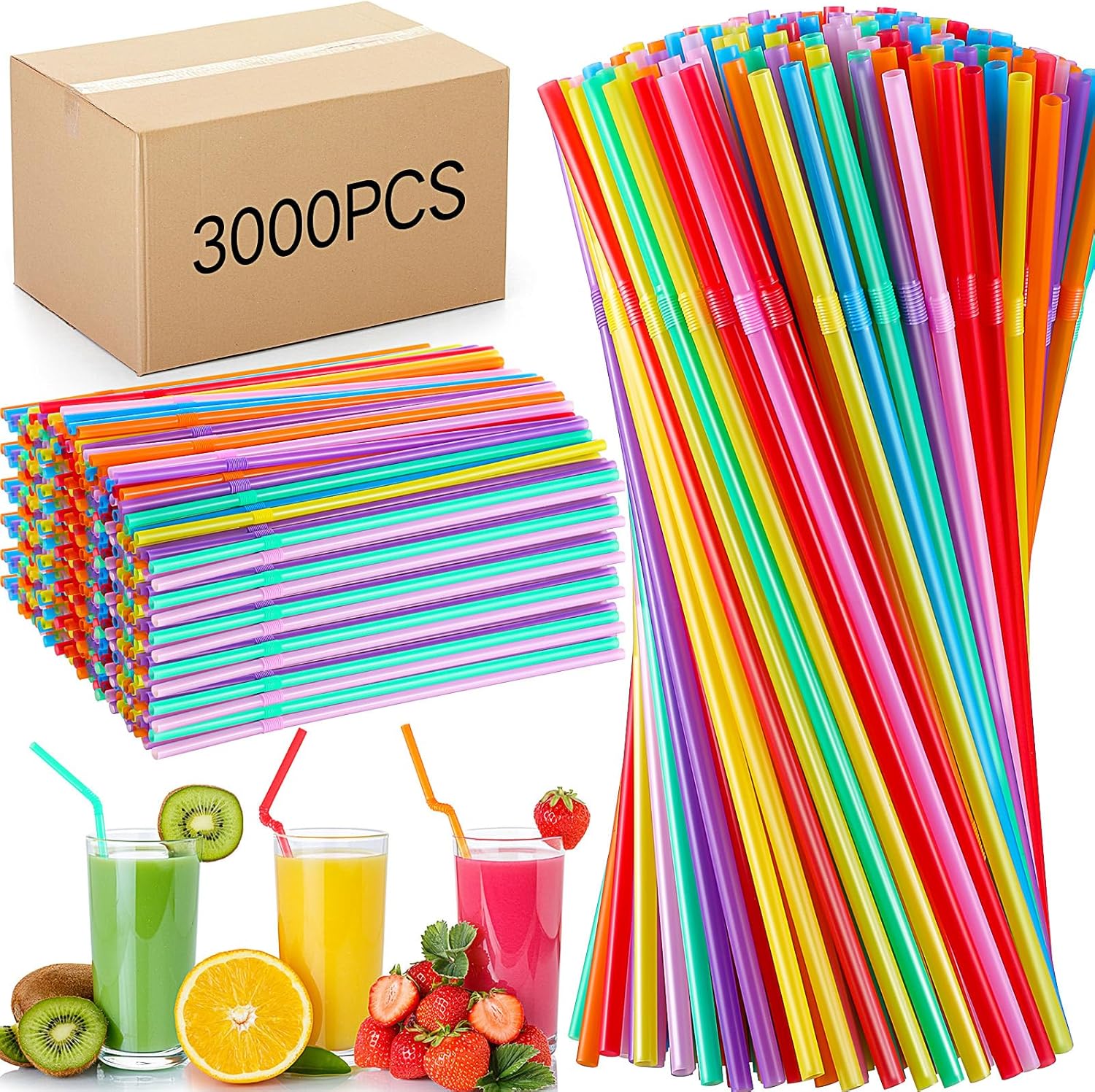 Eaasty 3000 Pcs Flexible Plastic Straws Bulk, Disposable Plastic Drinking Straws, Colorful Plastic Long Straws, Striped Flexible Drinking Straws, 8.27''(Colorful)