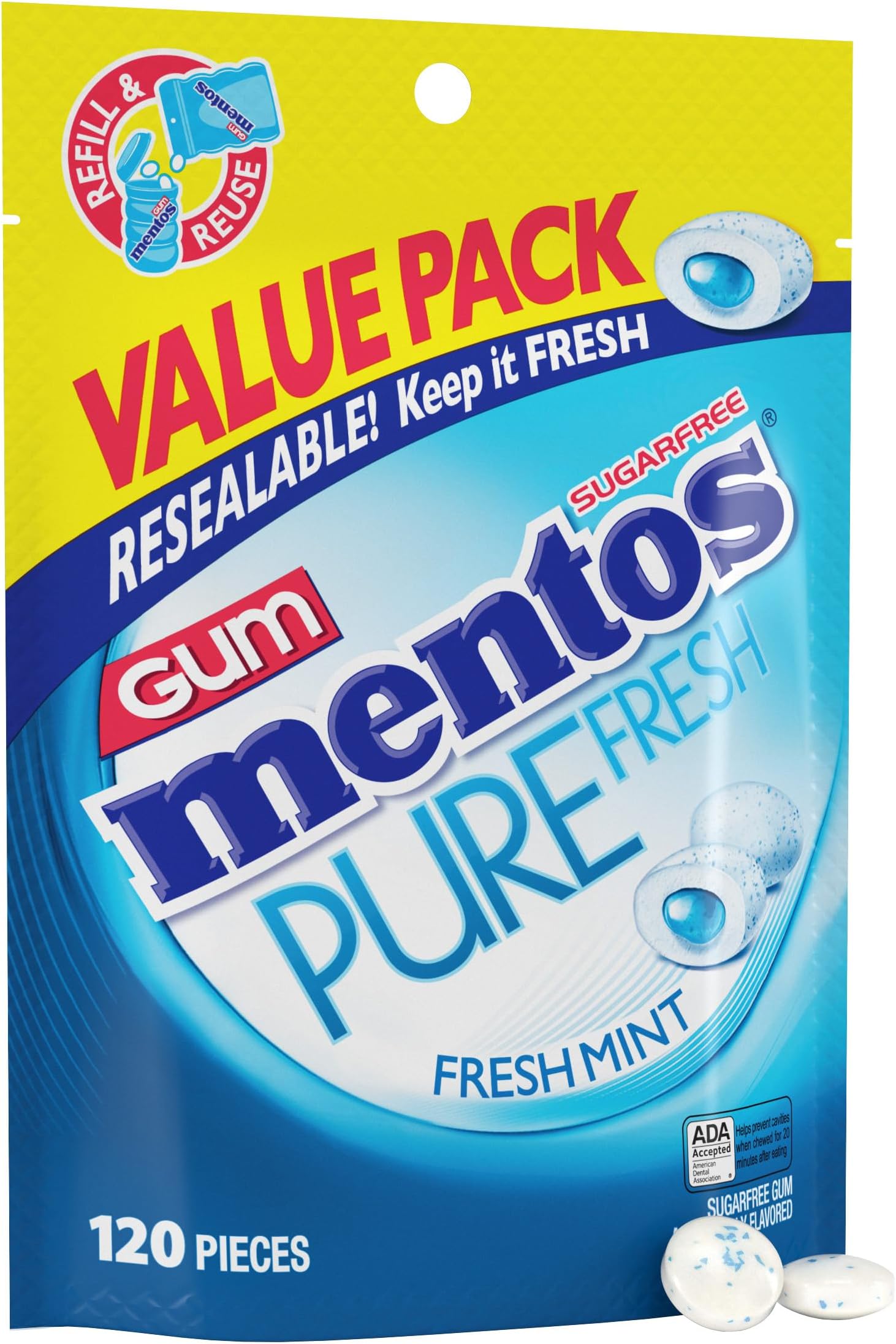 Mentos Pure Fresh Sugar Free Gum With Xylitol, Fresh Mint, 120 Piece Bag