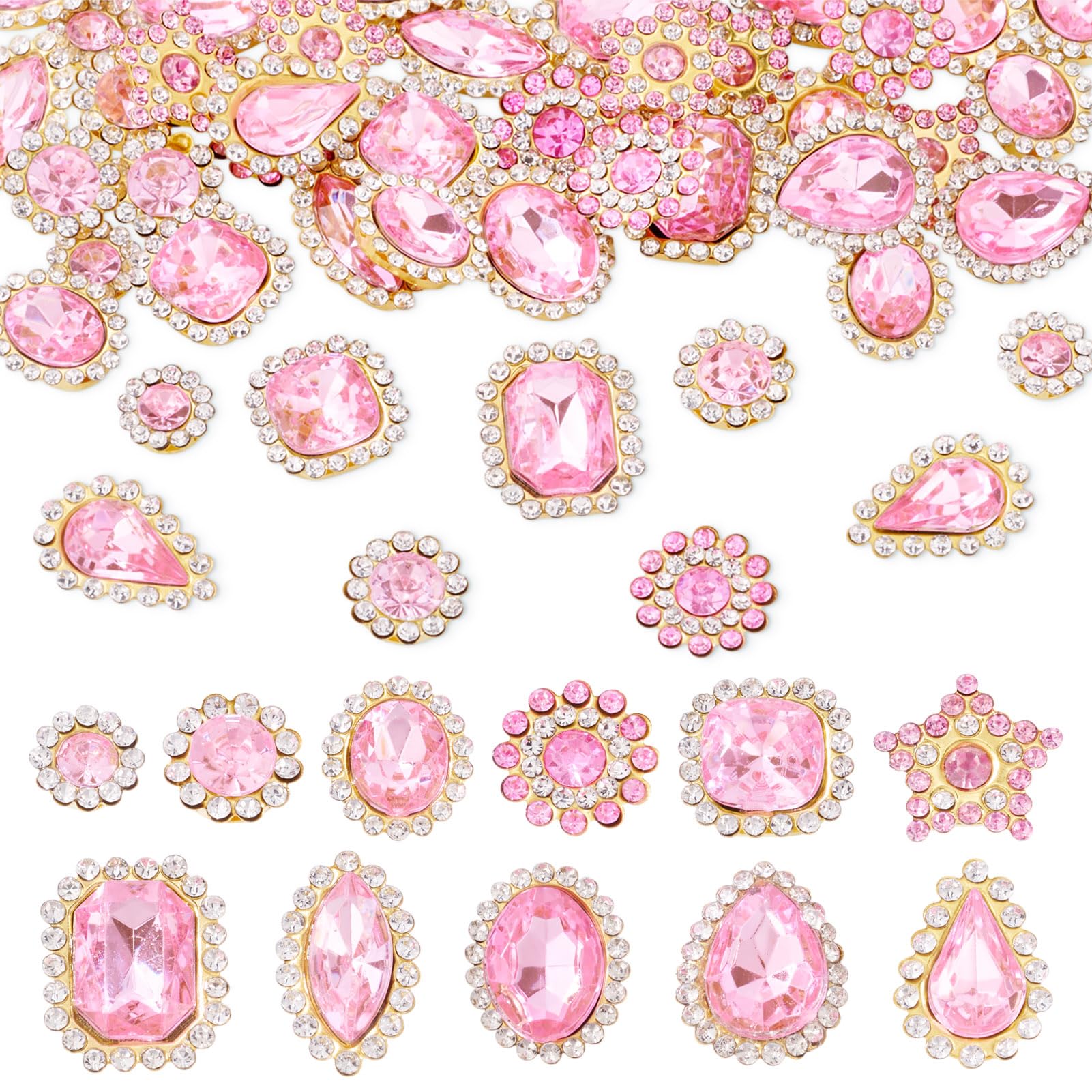 Spritewelry 100 Pcs Sew on Rhinestones Mixed Shapes Acrylic Pink Rhinestones Sew on Crystal Gems Metal Flatback with Gold Claw for Jewelry Making Garments Sewing Wedding Decor