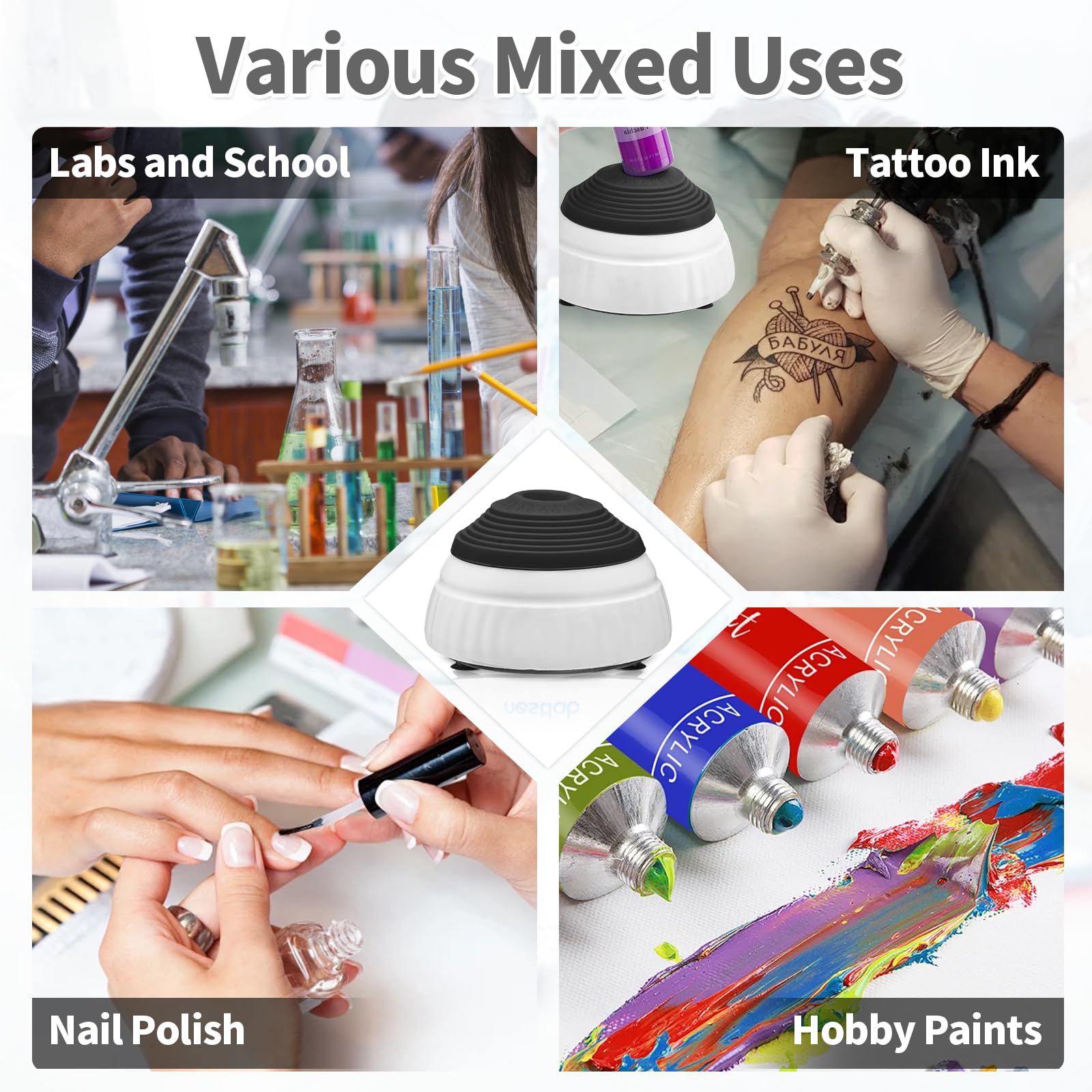 FOUR E'S SCIENTIFIC Mini Vortex Mixer Labor Vortex Schüttler Farbmischer mit Touch Funktion 3000RPM Vortex Mischen für Paint Shaker, Nagellack, Wimpern Gel, Tattoo Tinte,100 Stück Mischkugeln,Schwarz