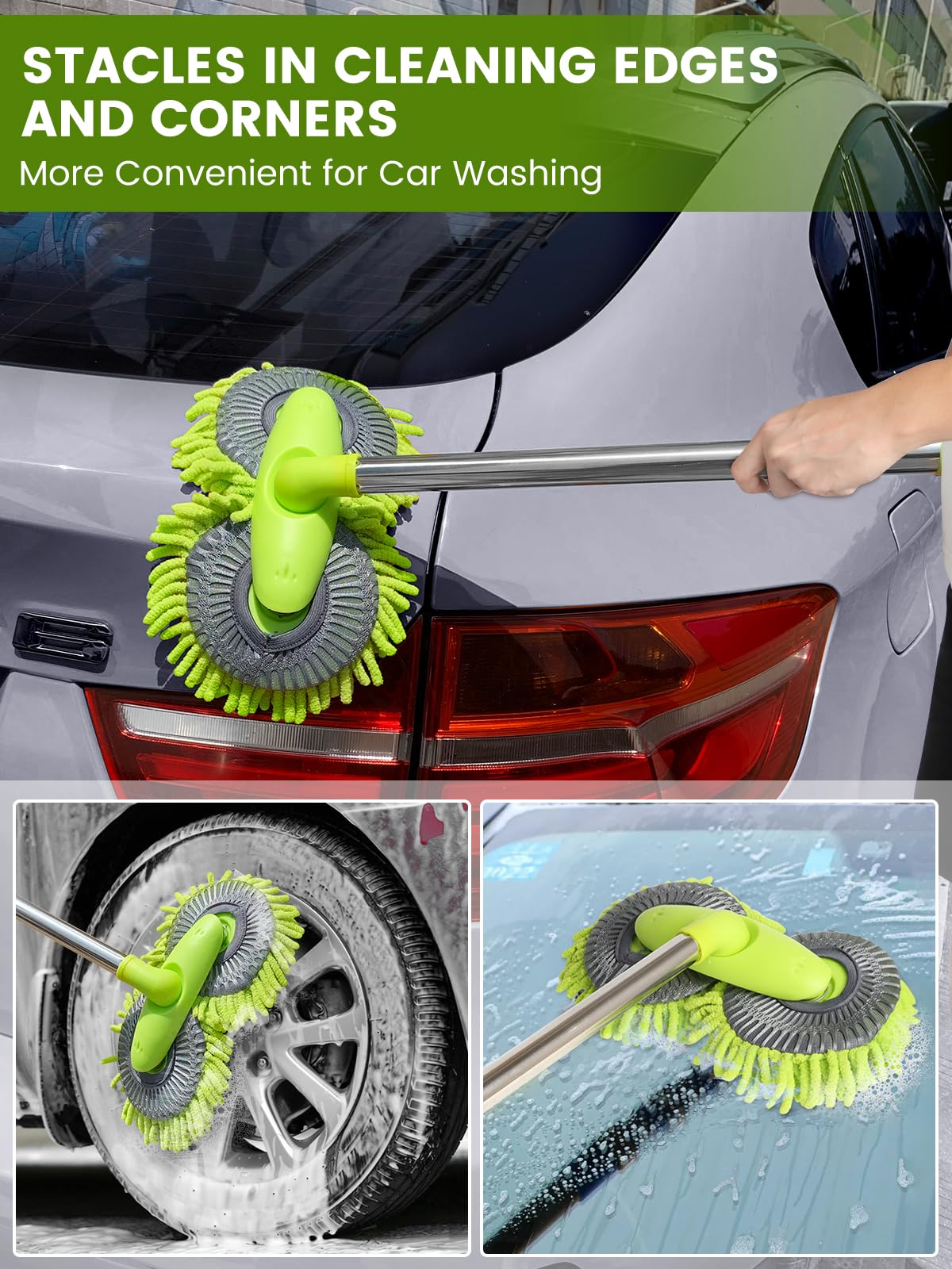 47"Dual Head Rotatable Car Wash Brush 3 Sections 120cm Chenille Soft Bristles Cleaning Detail Brush Suitable for Clean Uneven Surfaces SUV Van RV Caravan Roof Engine Hood Home Window