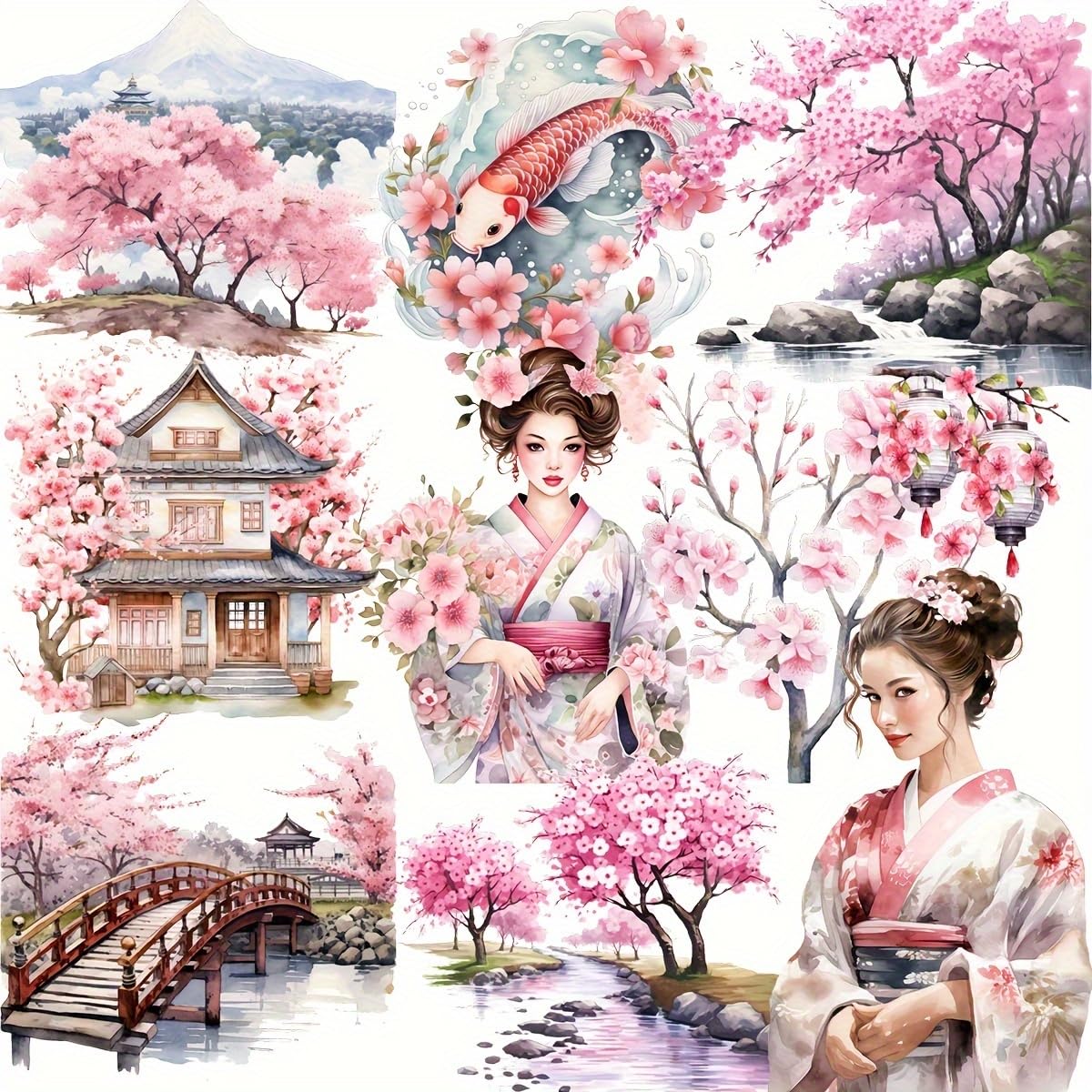 40pcs Japanese Spring Cherry Blossom Stickers Anime-Style Geisha Sakura & Mt. Fuji Self-Adhesive Decals for Journals Planners DIY Crafts Glossy Finish Vibrant Colors Irregular Shapes Cherry Blossom-image-1