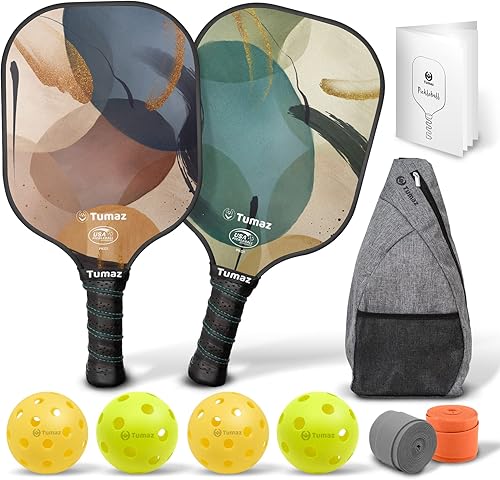 Tumaz Juego de 2 palas de pickleball aprobadas por USAPA con núcleo de panal premium y raquetas de pickleball de fibra de vidrio, 4 bolas de