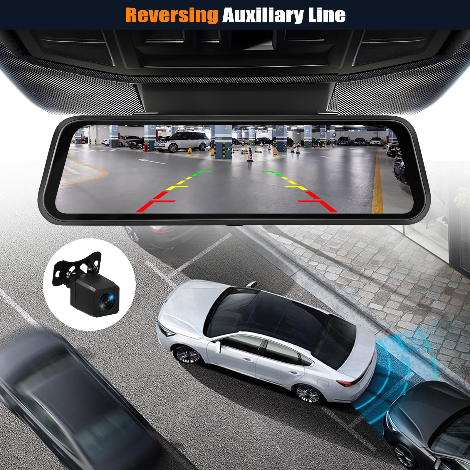 CAMECHO 9.66 Pollici 2K Mirror Dashcam Auto con 2 Telecamere 1080P, Anteriore 150° e Posteriore Dash Cam 120° con Linea inversa, Visione Notturna, Sensore G, Scheda da 64 GB WIFI APP