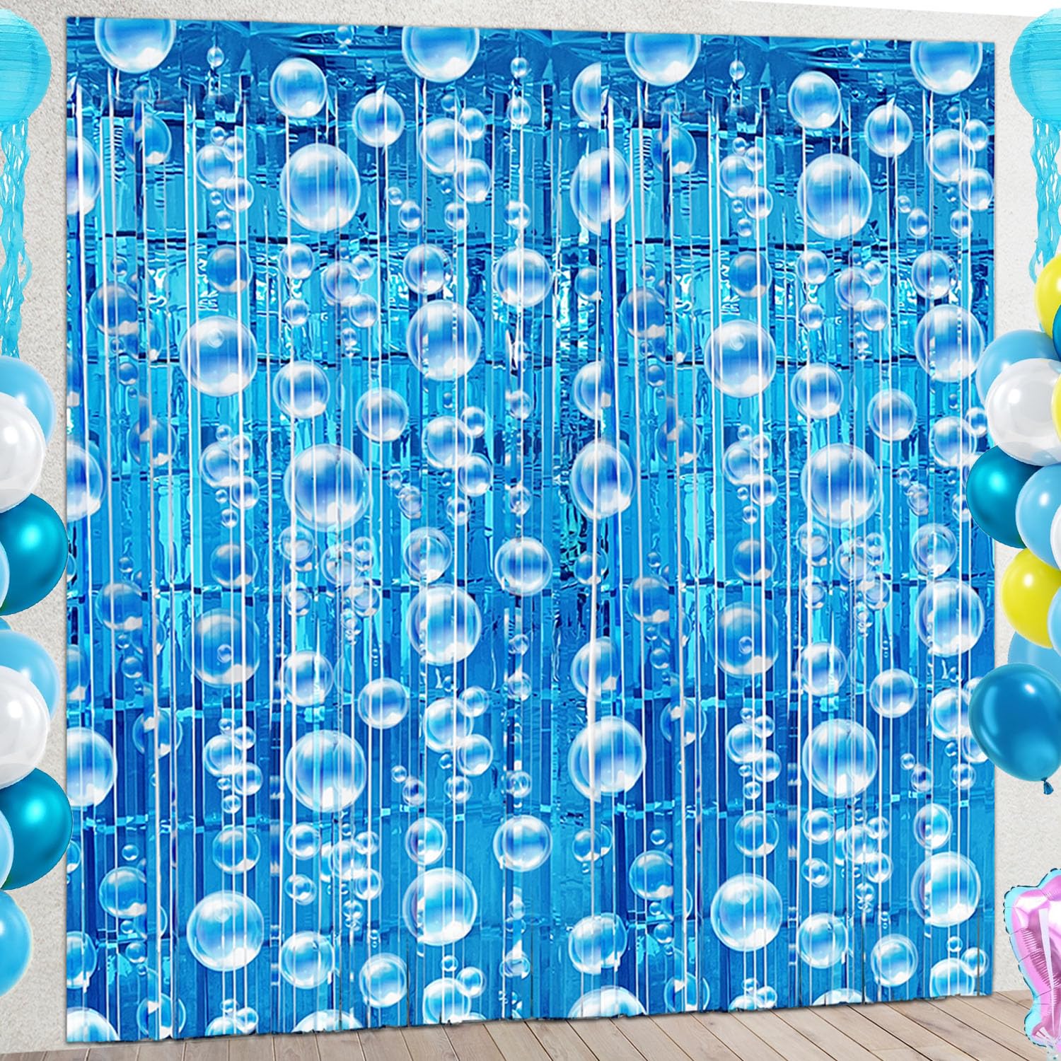 Under The Sea Party Decorations, 2 Pcs Blue Bubble Garland Streamers Tinsel Foil Fringe Curtain Backdrops for Mermaid Ocean Beach Summer Party