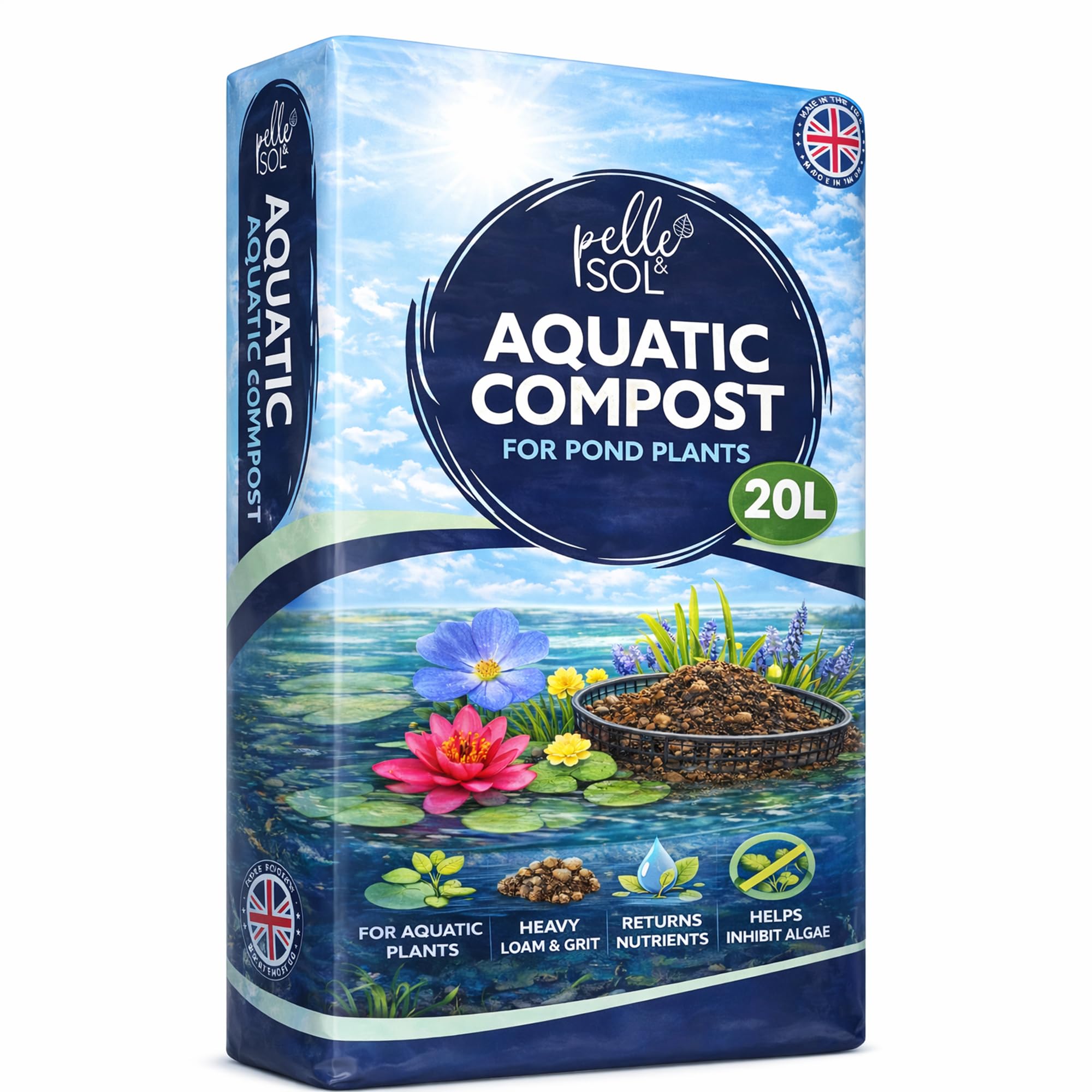 Pelle & Sol 20L Aquatic Compost for Pond Plants – Loam & Grit Aquatic Soil, Nutrient-Rich Feed for Submerged, Floating & Marginal Plants, Garden Compost for Outdoor Use