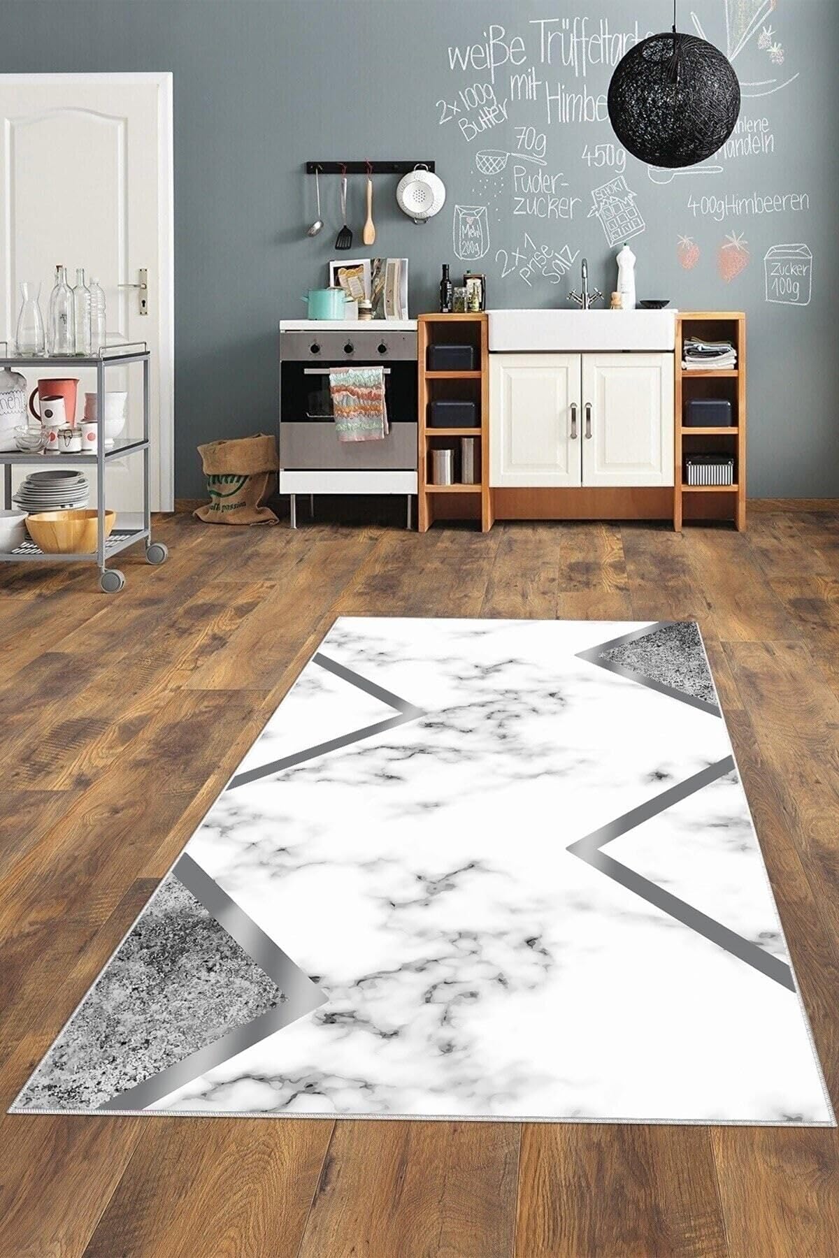Pelangi Gri Çizgili Mermer Desenli Yıkanabilir Kaymaz Taban Leke Tutmaz Modern Salon Halısı Ve Yolluk, Gri-Beyaz 100 x 400, 74571246100400728