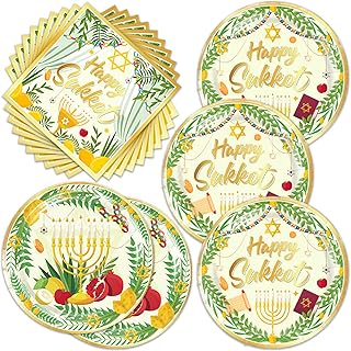 Happy Sukkot party Decorations Sukkah Tableware Set Includes 20 Sukkot Plates and 20 Napkins for Jewish Holiday Autumn Harvest Party (happy sukkot)