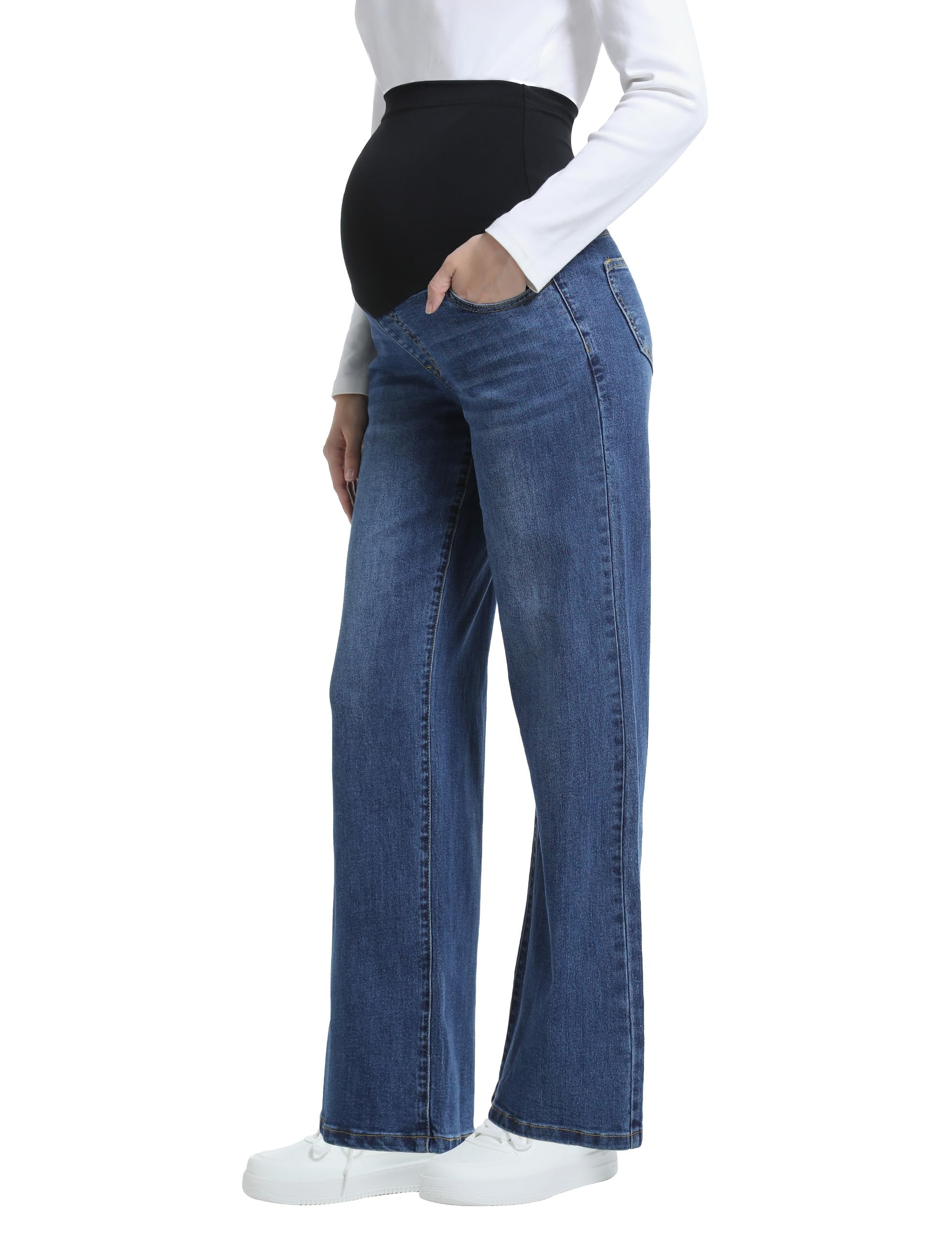 Vaqueros de maternidad para mujer con pierna ancha sobre el abdomen, elásticos, piernas rectas, pantalones de maternidad, pantalones vaqueros con bolsillos